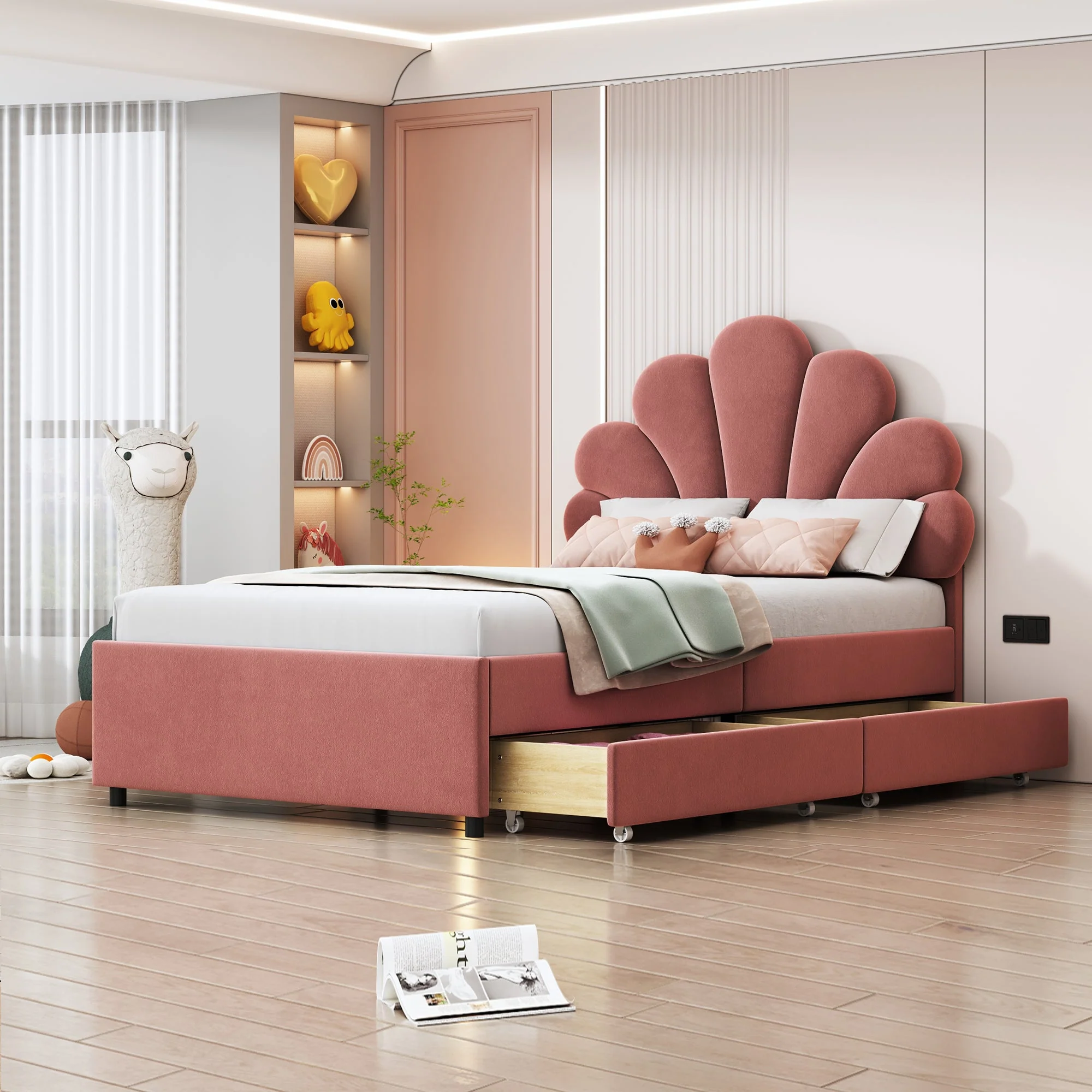 Children's Upholstered Bed 90x200 Floral Headboard Storage Velvet Pink - Image 2