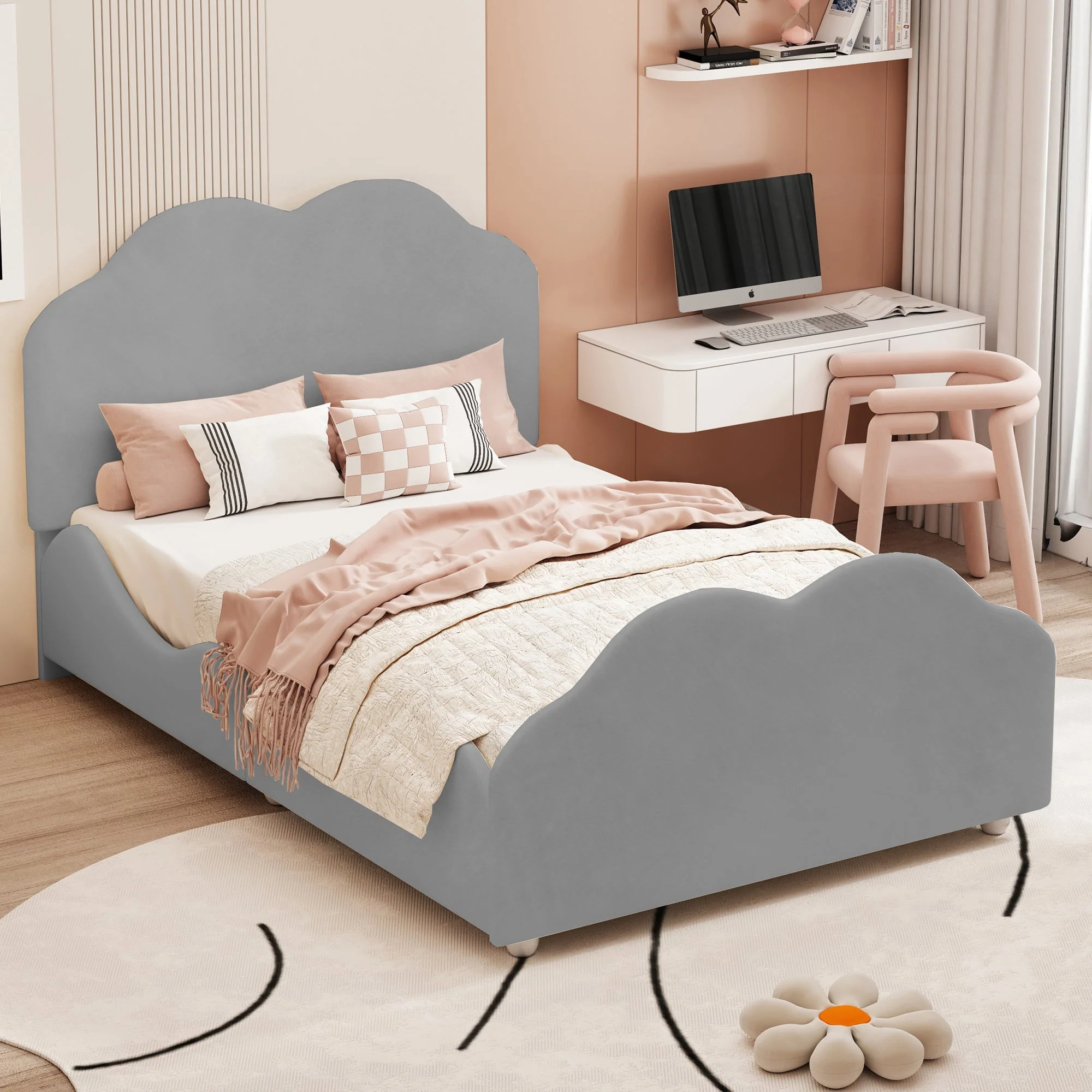 Children's Upholstered Bed, 90x200cm, High Railing, Cloud Head/Footboard, Gray Velvet - Image 5