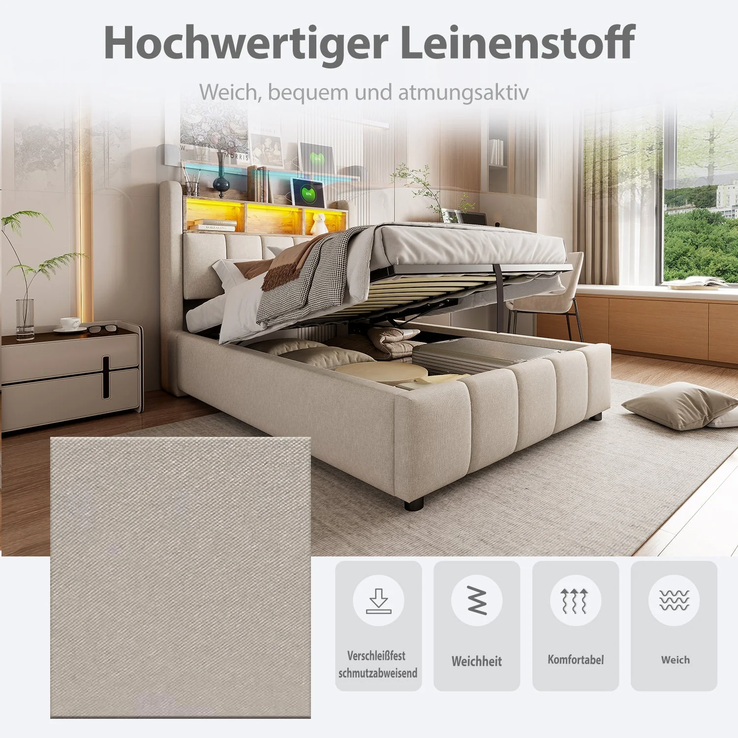 Children's Upholstered Bed 90x200cm LED USB Hydraulic Storage Headboard Shelves - Linen Beige - Image 6