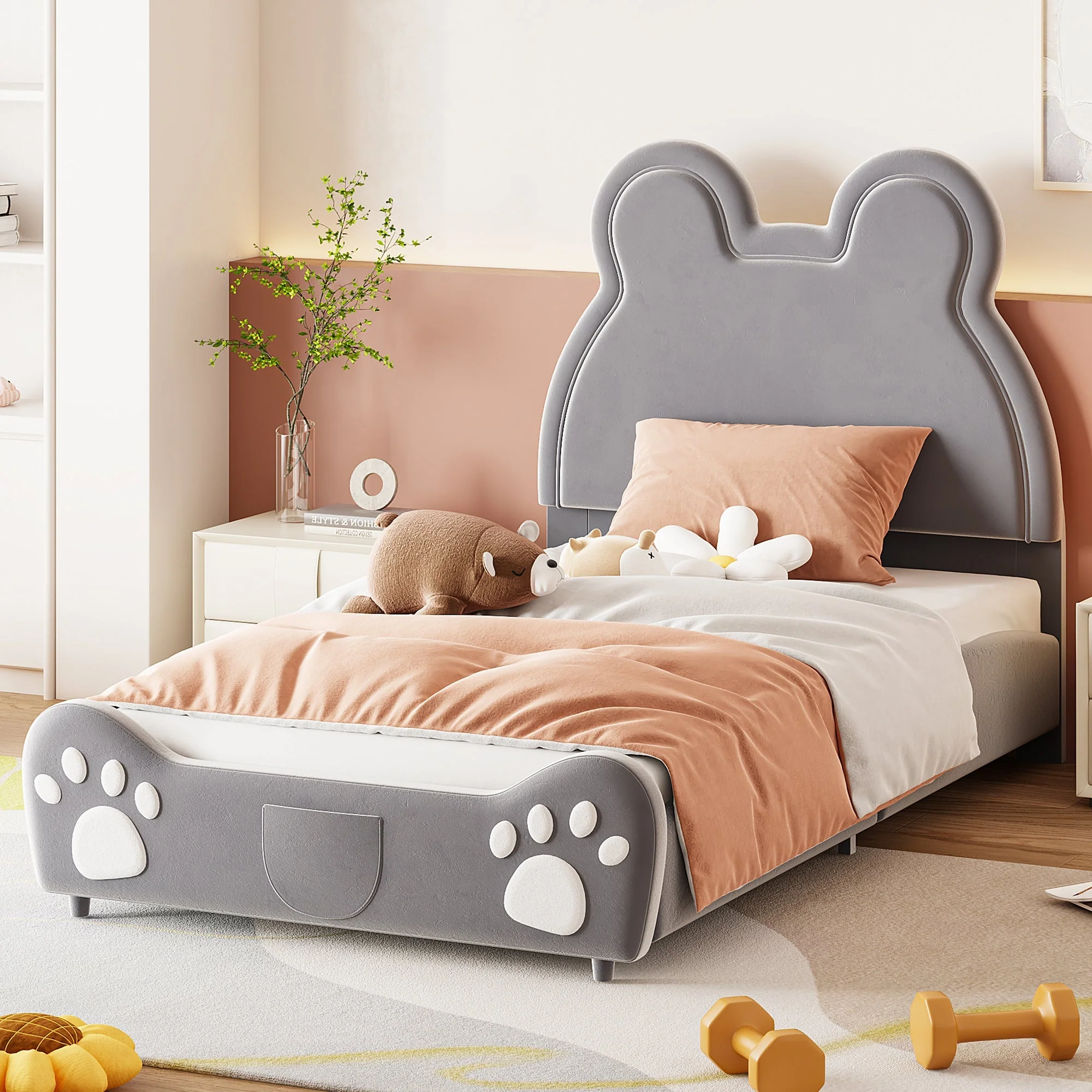 Children's Upholstered Bed, Bear-Shaped Single 90x200cm, Gray Velour - Image 2