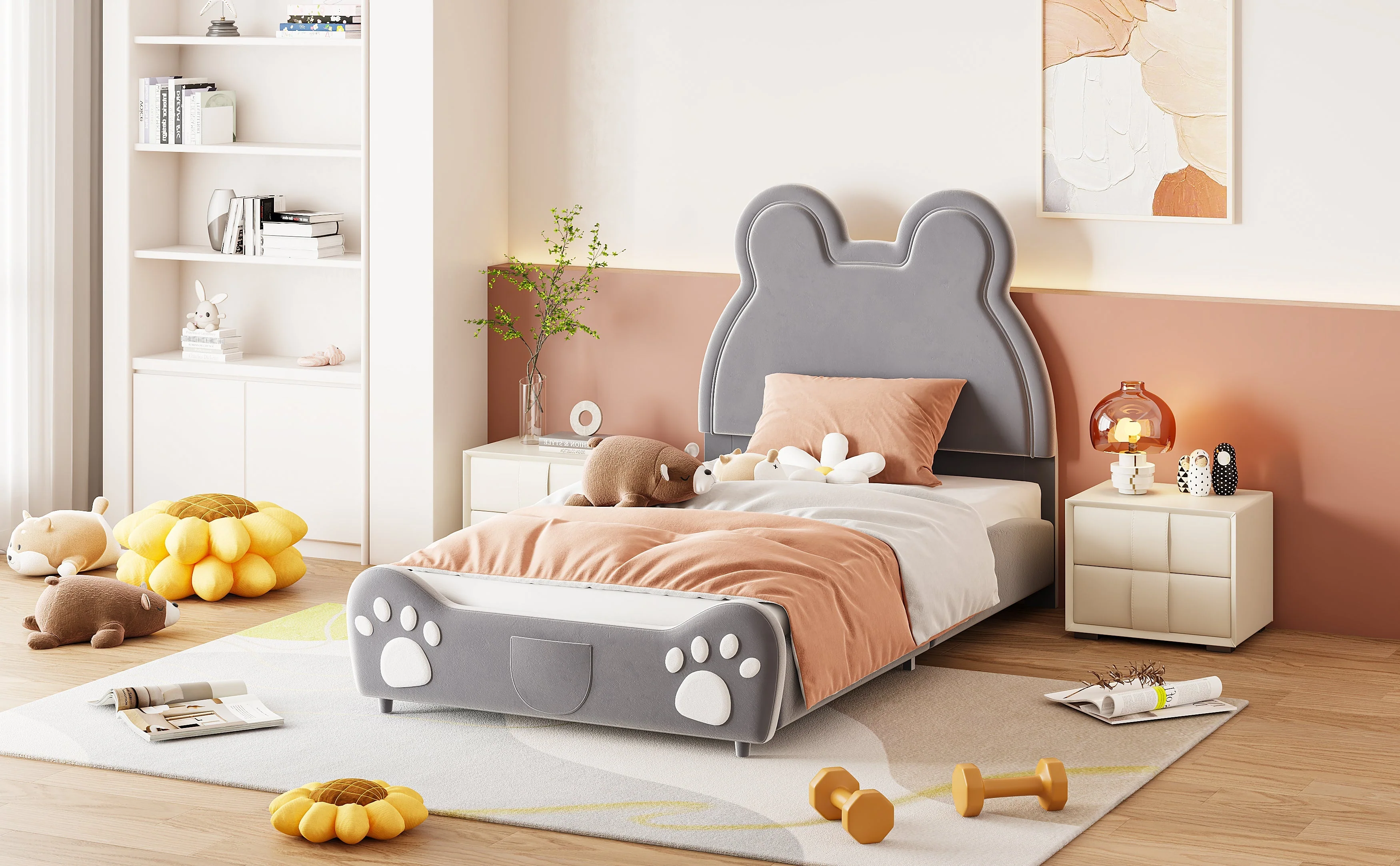 Children's Upholstered Bed, Bear-Shaped Single 90x200cm, Gray Velour - Image 3