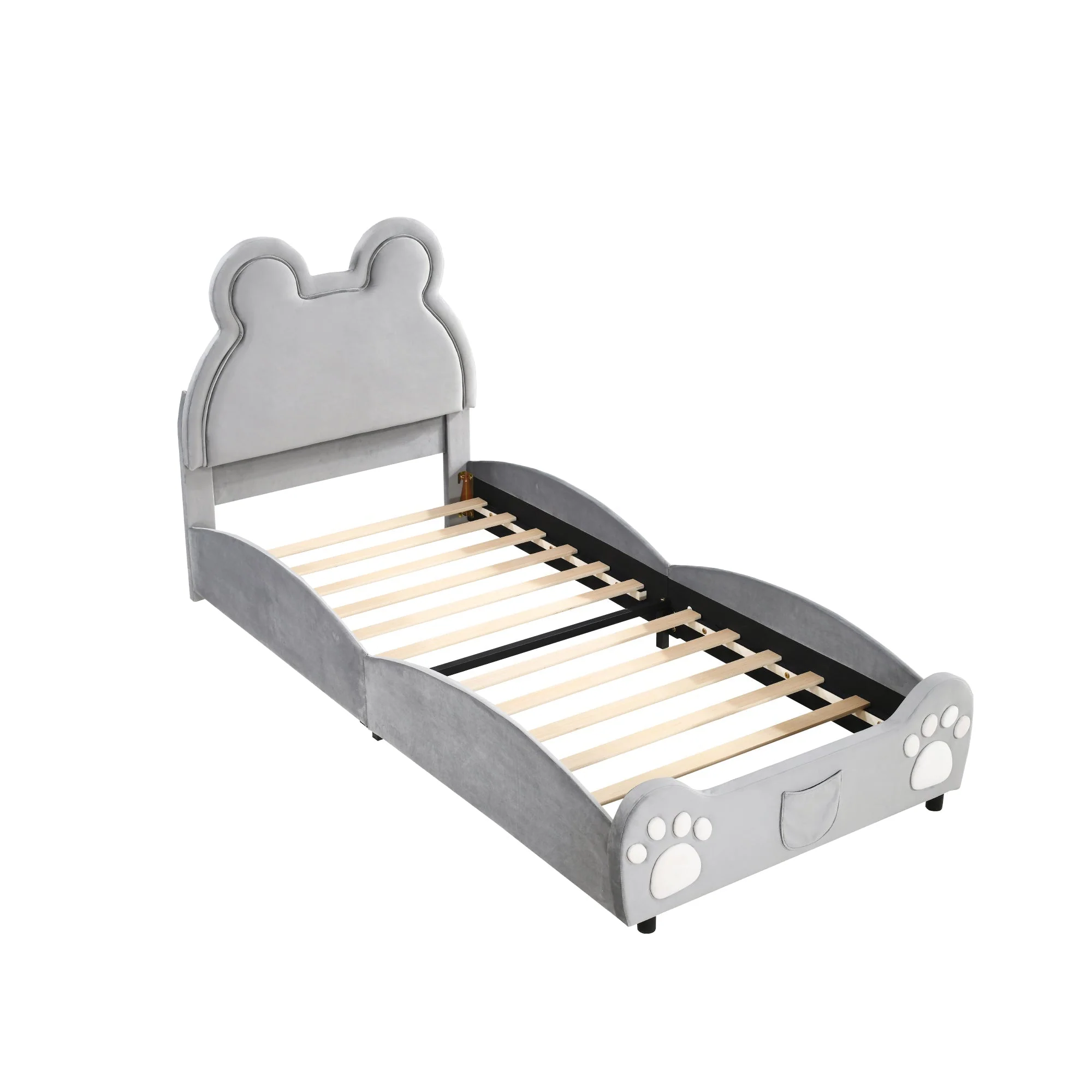 Children's Upholstered Bed, Bear-Shaped Single 90x200cm, Gray Velour - Image 4
