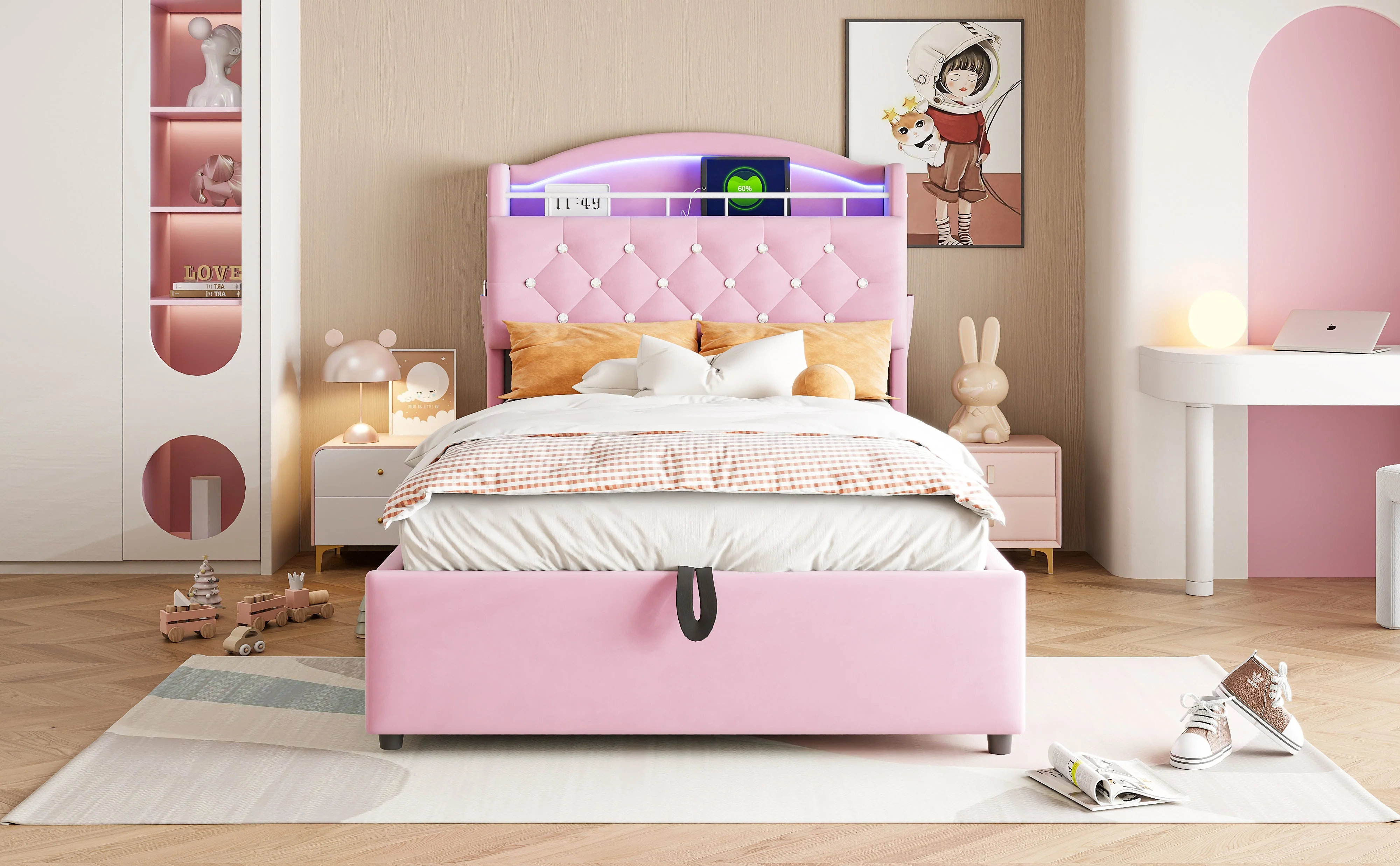 Children's Upholstered Bed, Multifunctional with Storage, LED, USB, Velvet Pink - Image 7