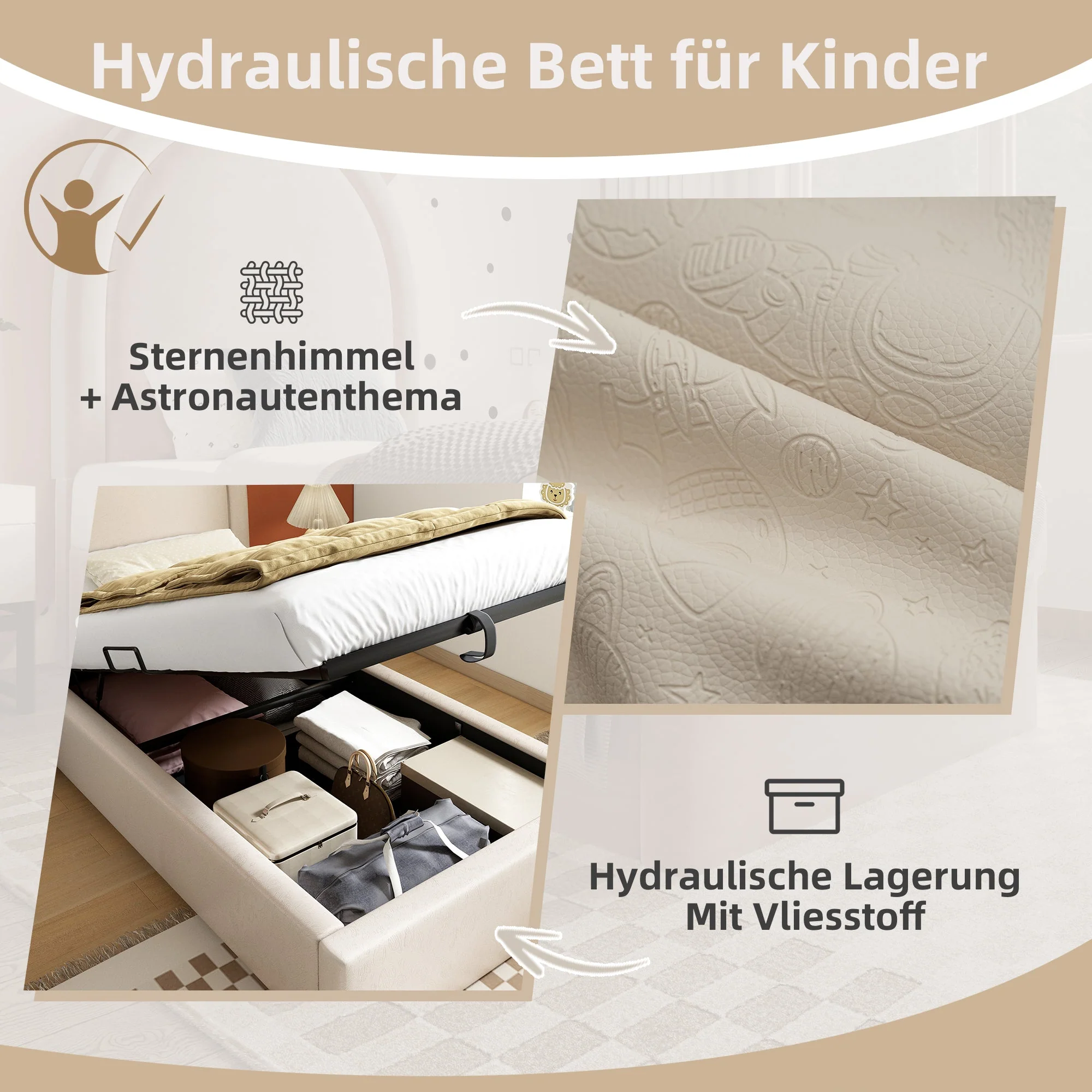 Children's Upholstered Bed, Single with Cosmic Pattern, 90x200cm, Beige PU - Image 4