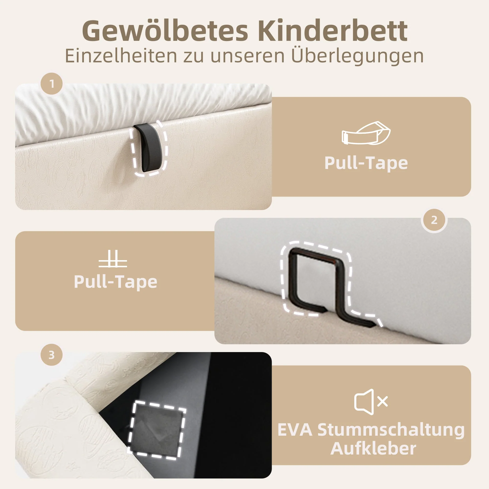Children's Upholstered Bed, Single with Cosmic Pattern, 90x200cm, Beige PU - Image 5