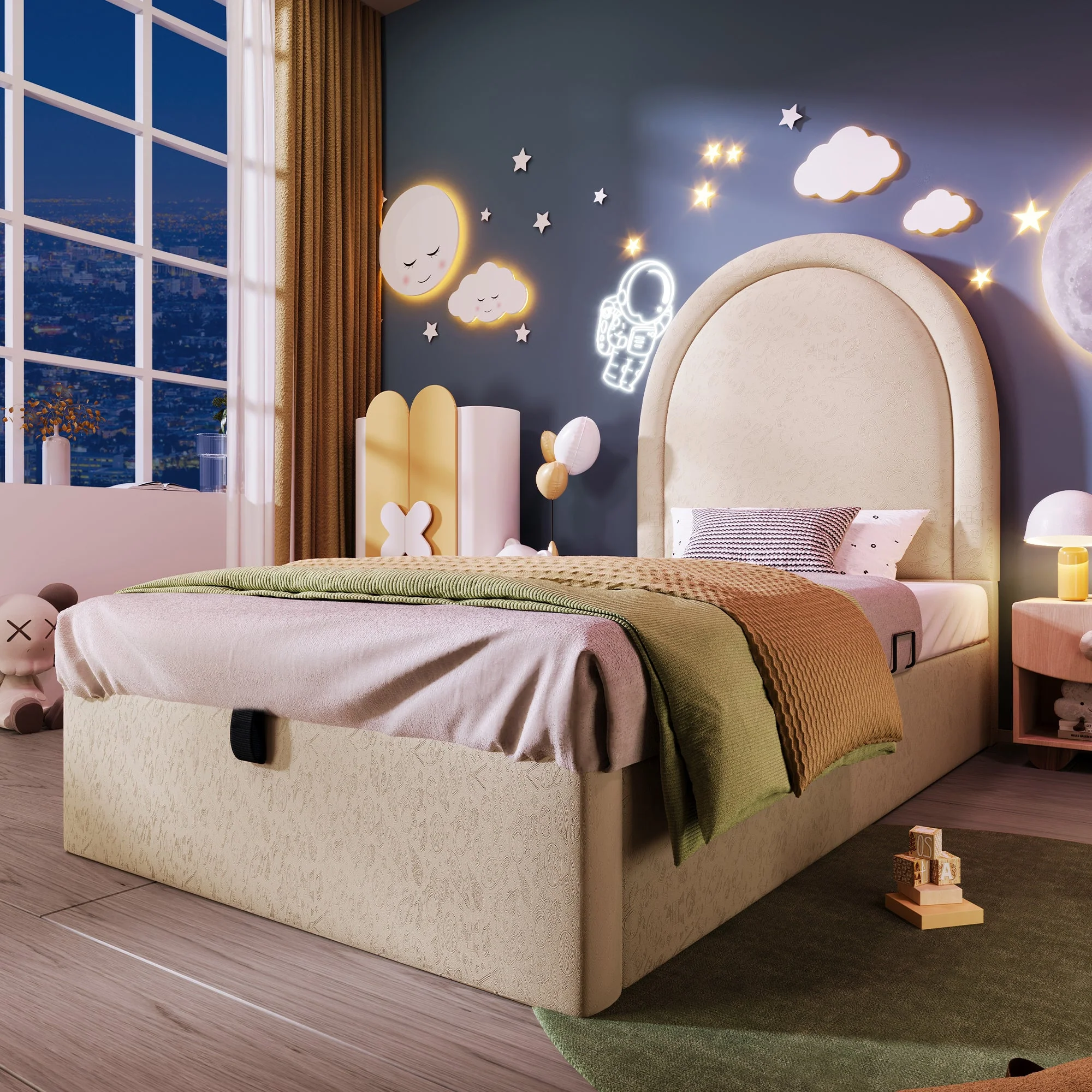 Children's Upholstered Bed, Single with Cosmic Pattern, 90x200cm, Beige PU - Image 8