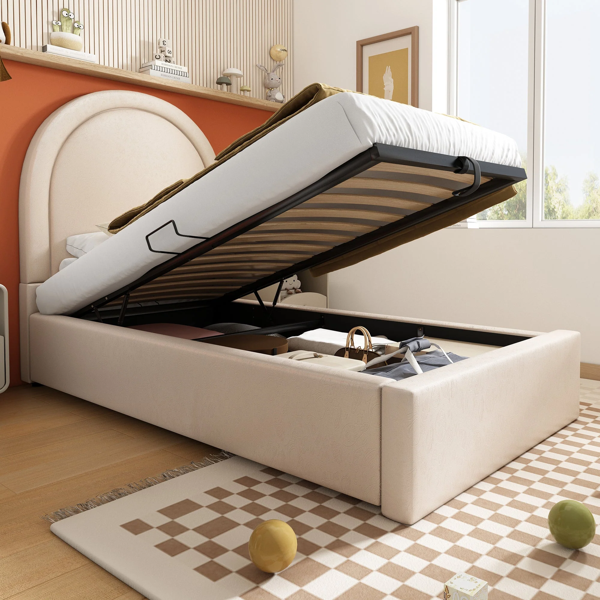 Children's Upholstered Bed, Single with Cosmic Pattern, 90x200cm, Beige PU - Image 9