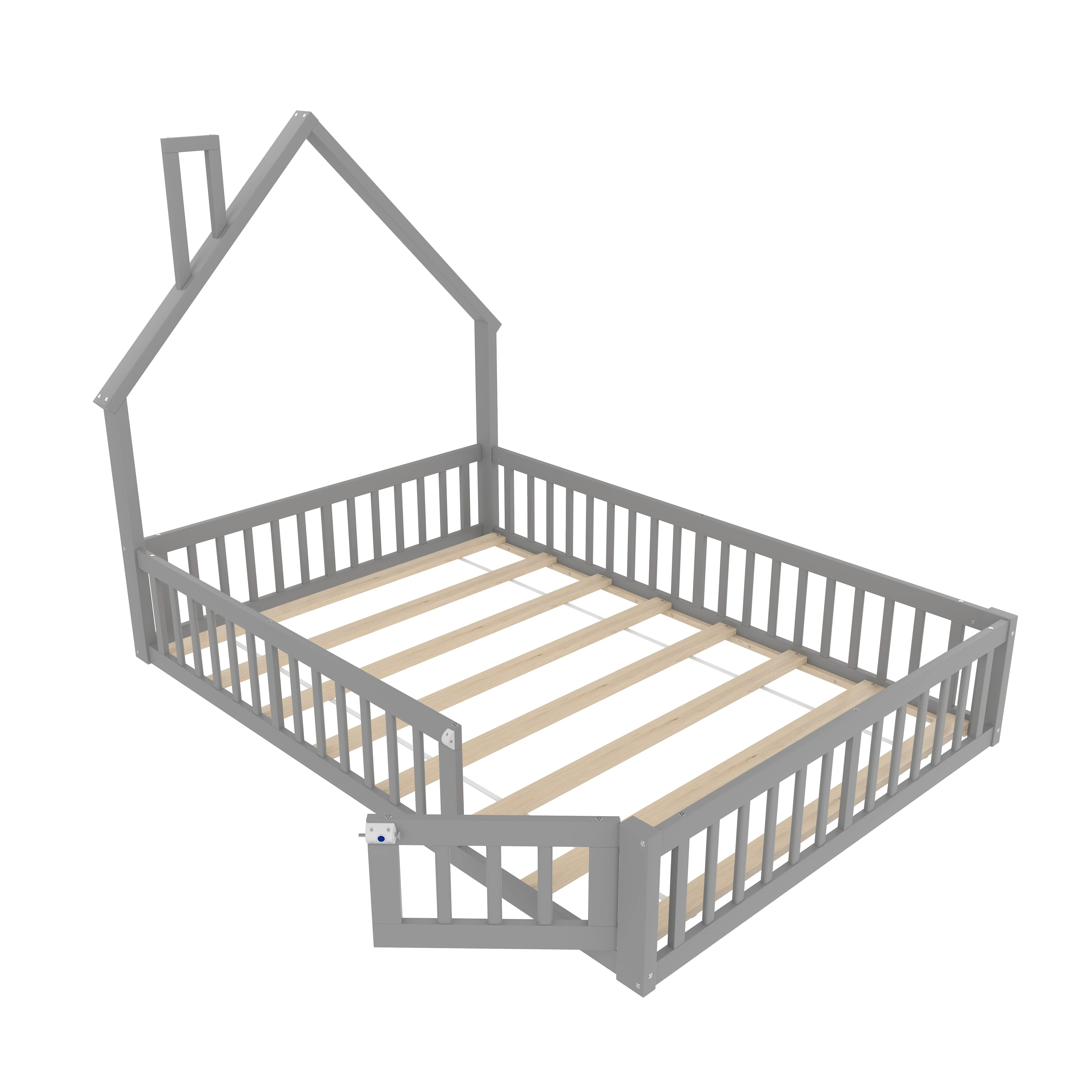 Children's Upholstered Bed with Chimney Shape and Slatted Base, 140x190cm, Grey Pine Wood - Image 7