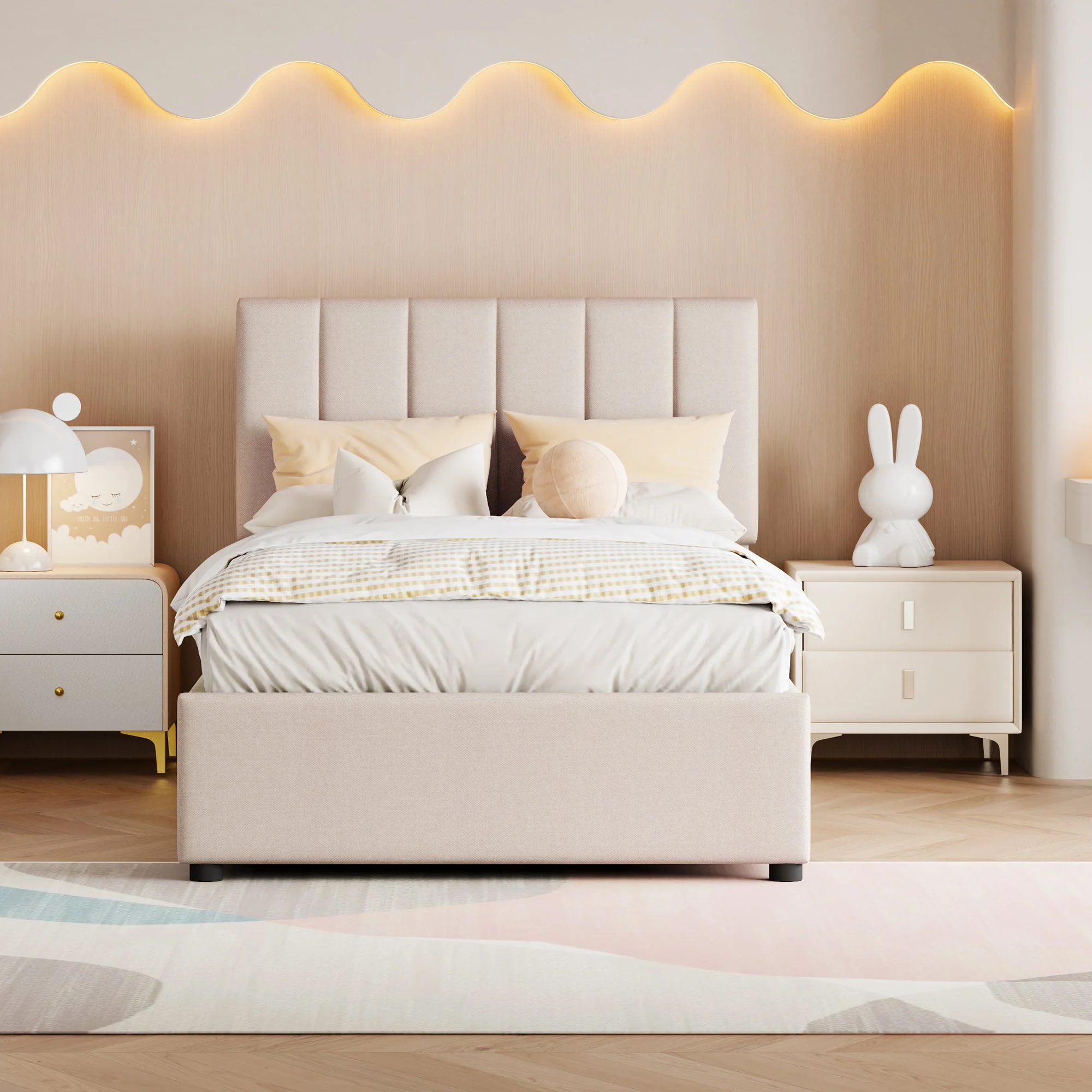 Children's Upholstered Loft Bed 90x200cm Hydraulic Storage, Linen Beige - Image 2