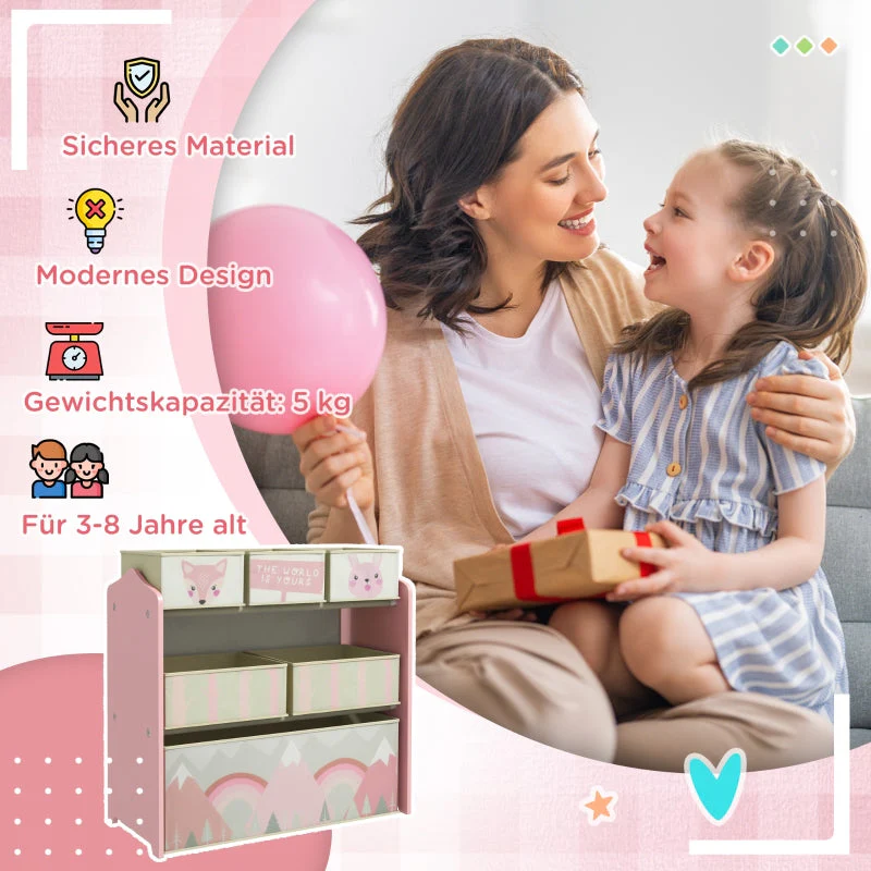 Children's Wardrobe 6 Fabric Boxes Cute Motif 63x30x66cm - Pink - Image 6