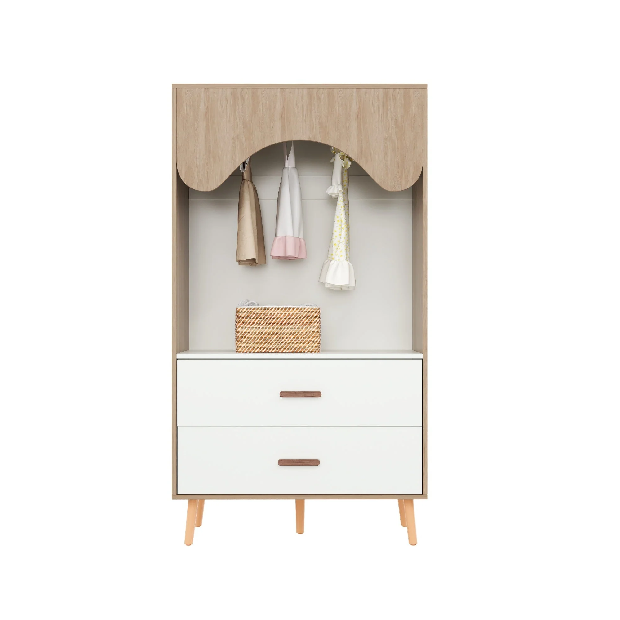Children's Wardrobe Clothes Rail Drawers Open Storage, White Natural Wood Chipboard - Image 8