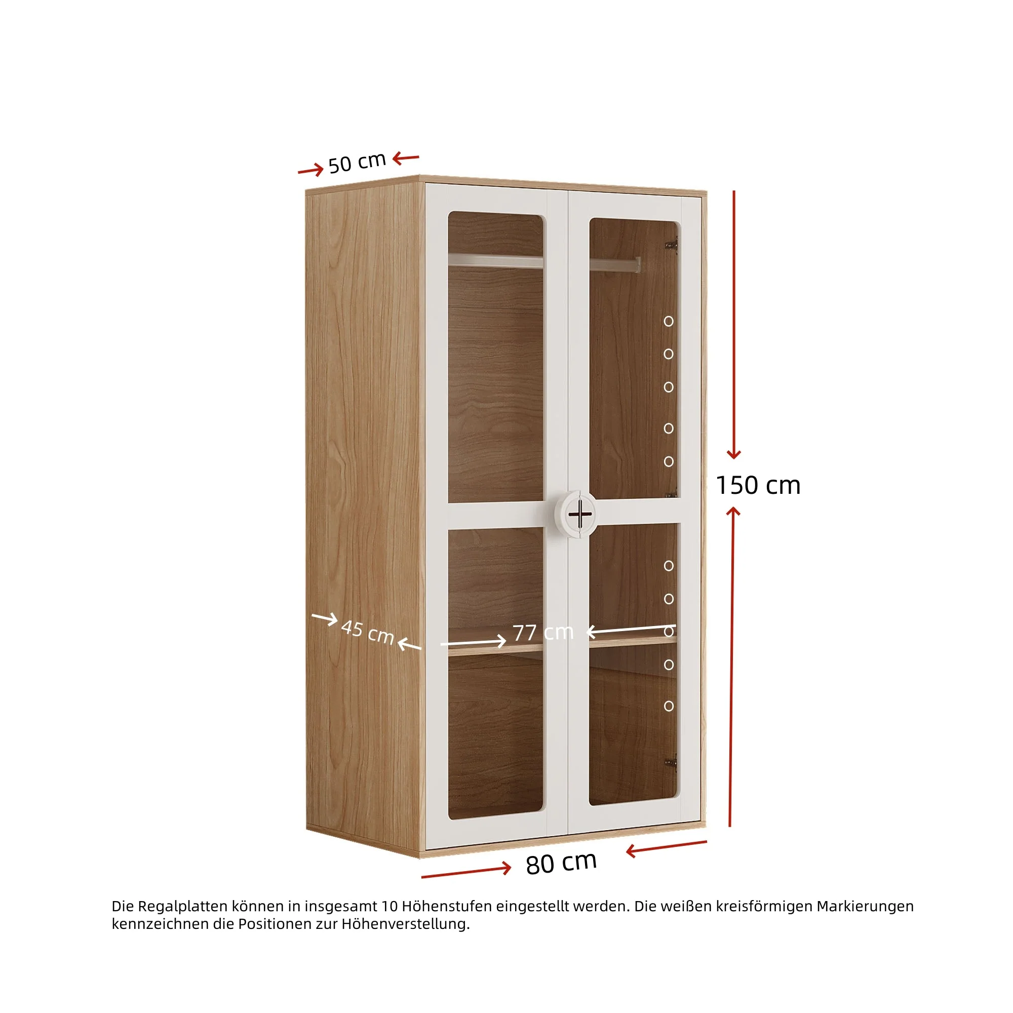 Children's Wardrobe, Double Doors Hanging Rail Sliding Shelves, White Lacquer & Natural MDF - Image 8