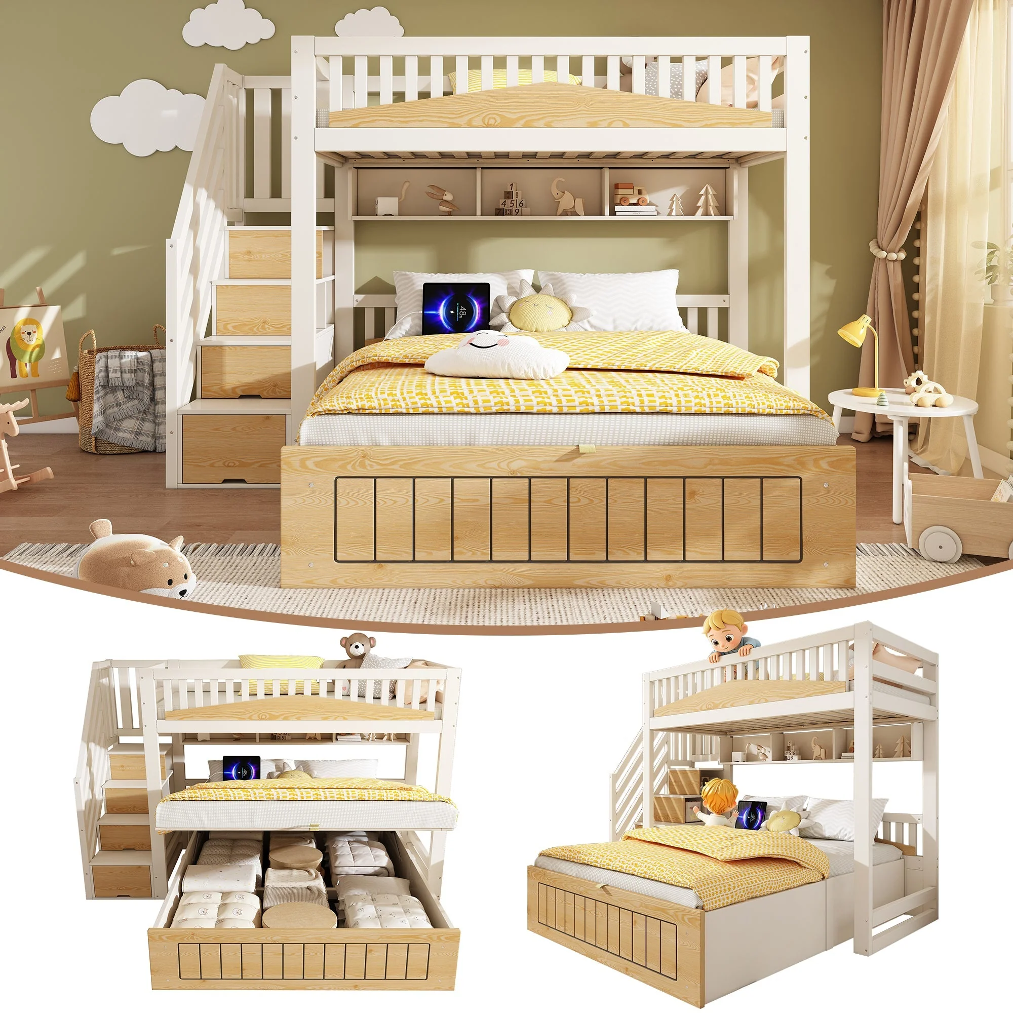 Children's Wooden Bunk Bed 90x200 & 140x200 cm with Hydraulic Storage and USB-C Port, White and Natural - Image 6