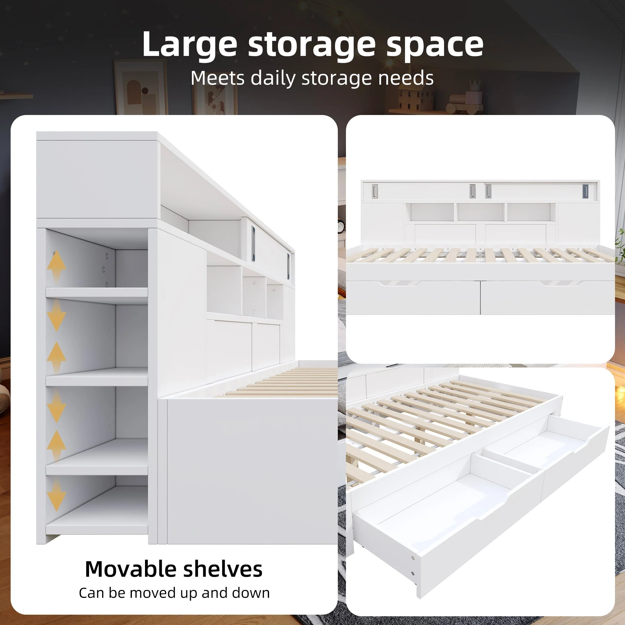 Child's Day Bed 90x190cm Multifunctional Drawers Shelf Cabinet Storage - White - Image 10