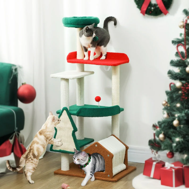 Christmas Cat Tree, 135cm with Bed, House, Scratching Posts, Toy Balls, Multi-color - Image 2