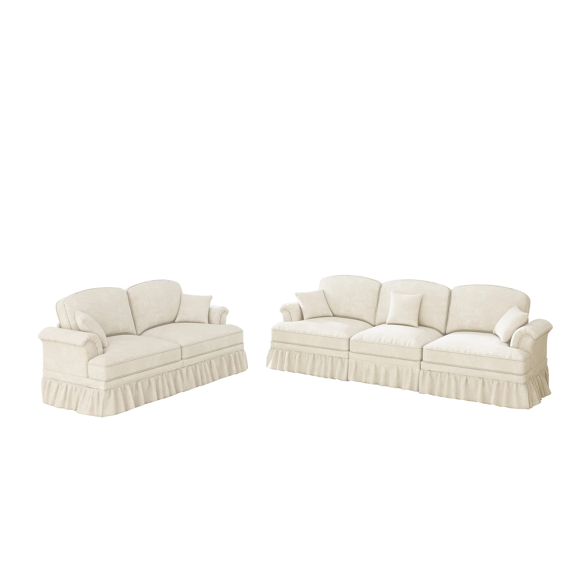 Classic 2-piece Modular Sofa Set 3-Seater 2-Seater Loveseat Ruffled Apron Spindle Legs - Chenille White - Image 8