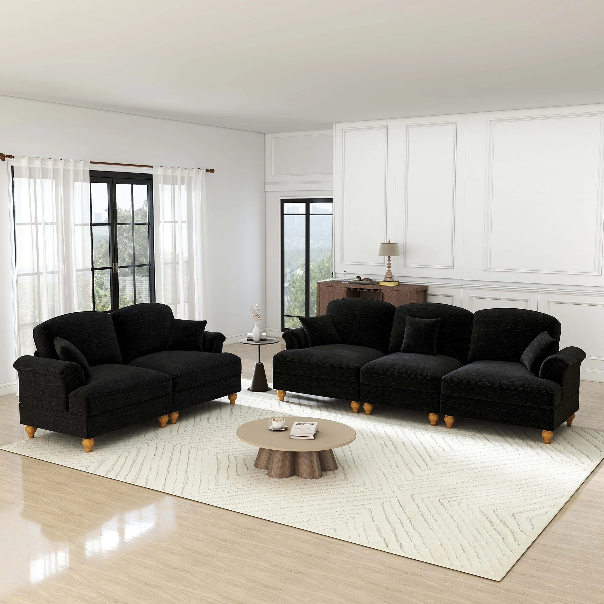 Classic 2-piece Sofa Set Modular 3-Seater & Loveseat Ruffled Apron - Chenille Black - Image 2