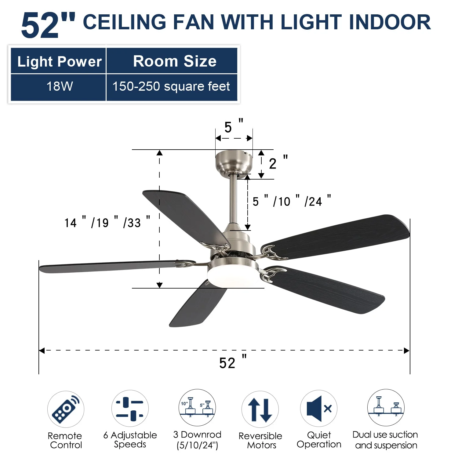 Classic Ceiling Fan, 52-inch LED Light, 6 Speed, 5 Blades, Remote Control, DC Motor - Image 9