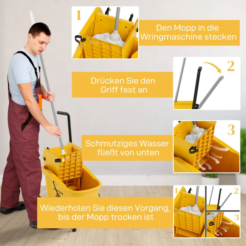 Cleaning Cart - 36 Liter, Mop & Handle - Yellow - Image 4