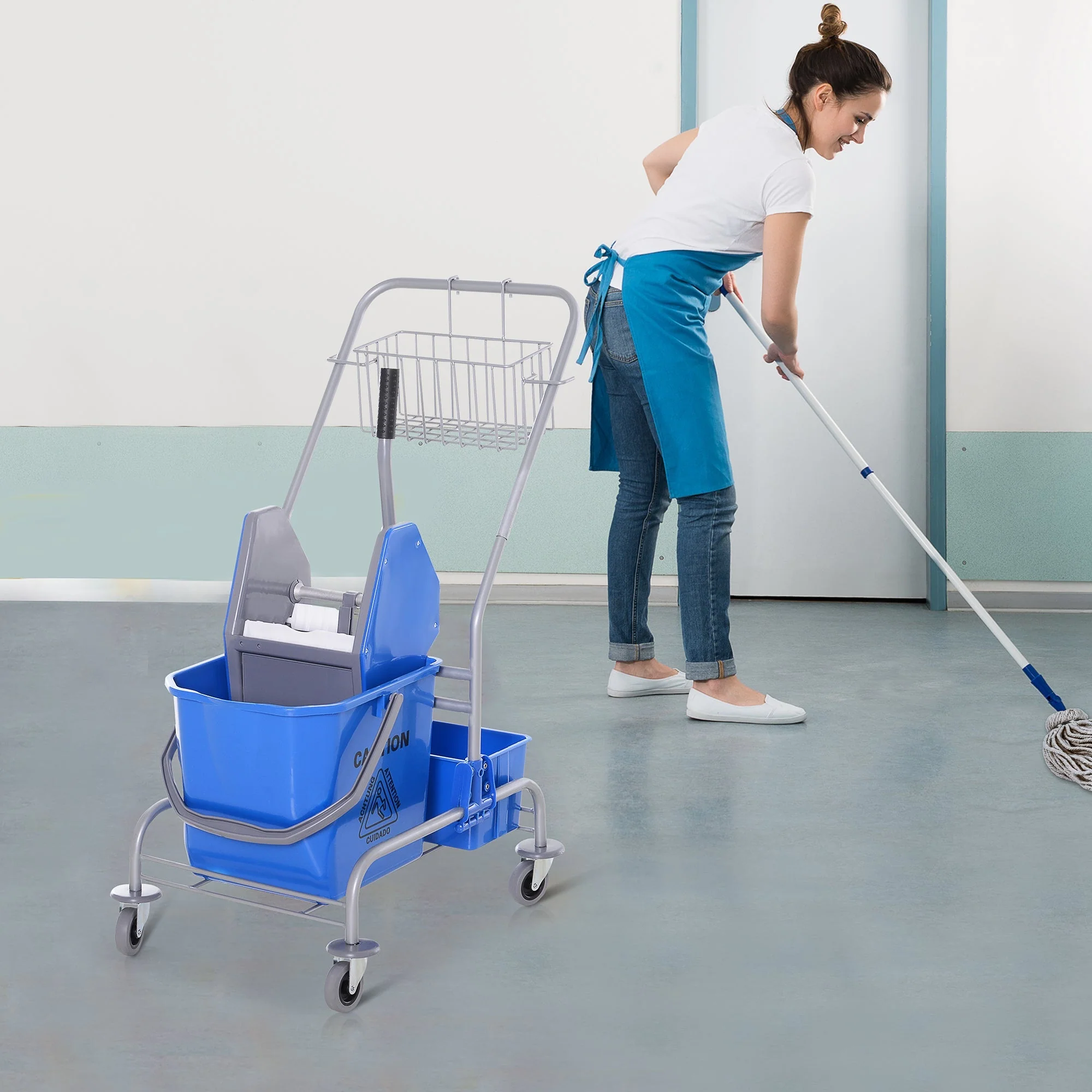Cleaning Cart Mobile Mop Bucket, 25 Liters with Wringer and 4 Wheels, Blue - Image 2