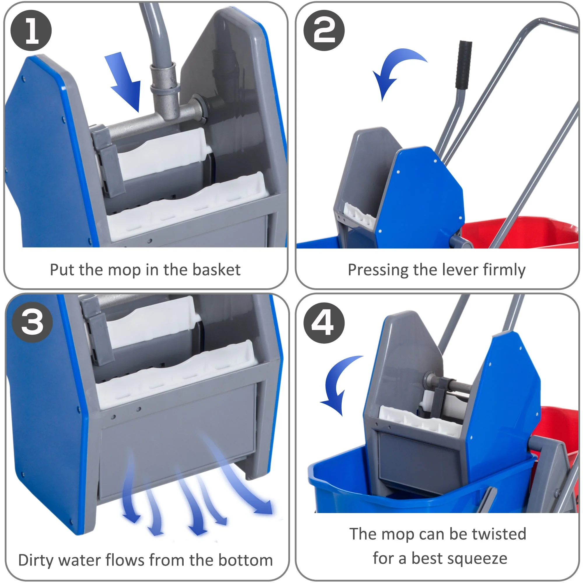 Cleaning Trolley 2 Buckets 4 Wheels Metal/PP Blue/Red - Image 6