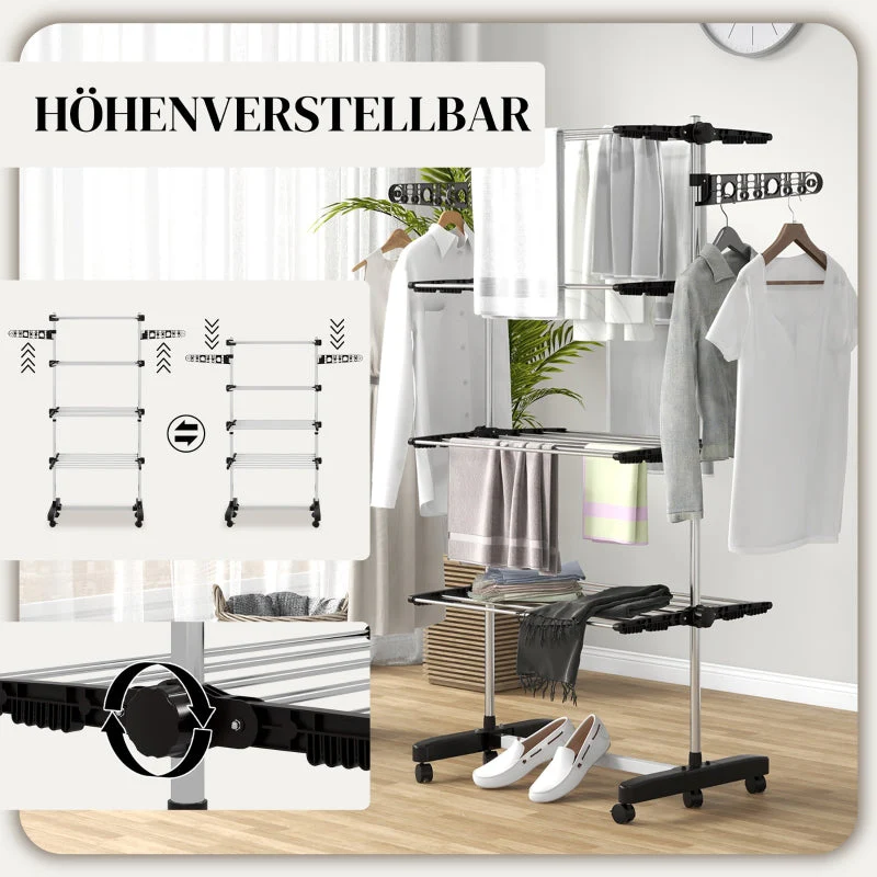 Clothes Airer, 5 Tiers Foldable, One-Click System, Black + Silver - Image 4