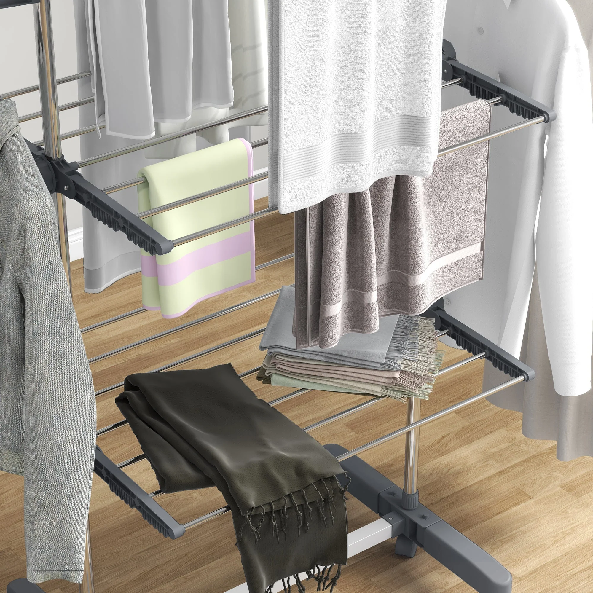Clothes dryer tower, 3 levels foldable with side wings, steel gray - Image 8