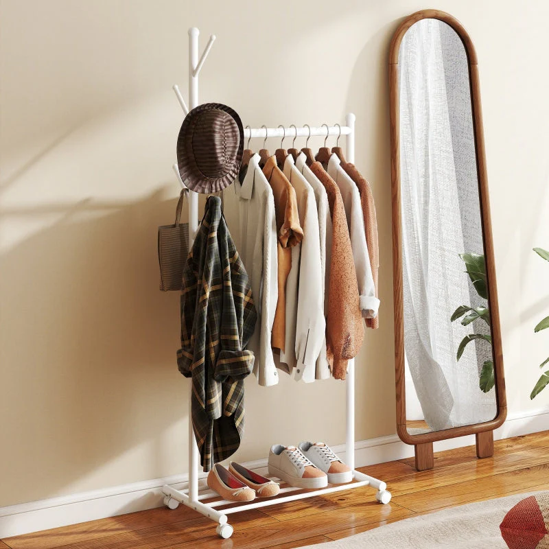 Clothes Rack, Mobile Wardrobe Rail 5 Hooks Shoe Rack, White - Image 6