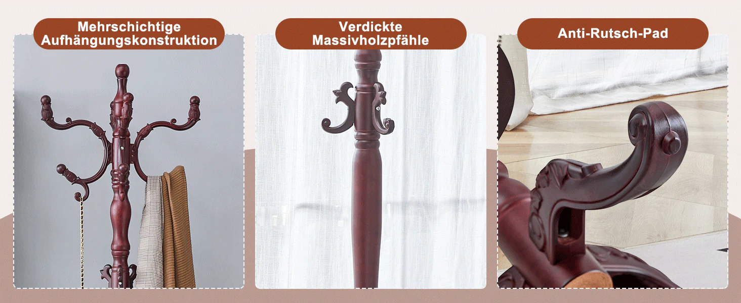Clothes Rack Multi-Hook Freestanding - Solid Walnut Wood - Image 10