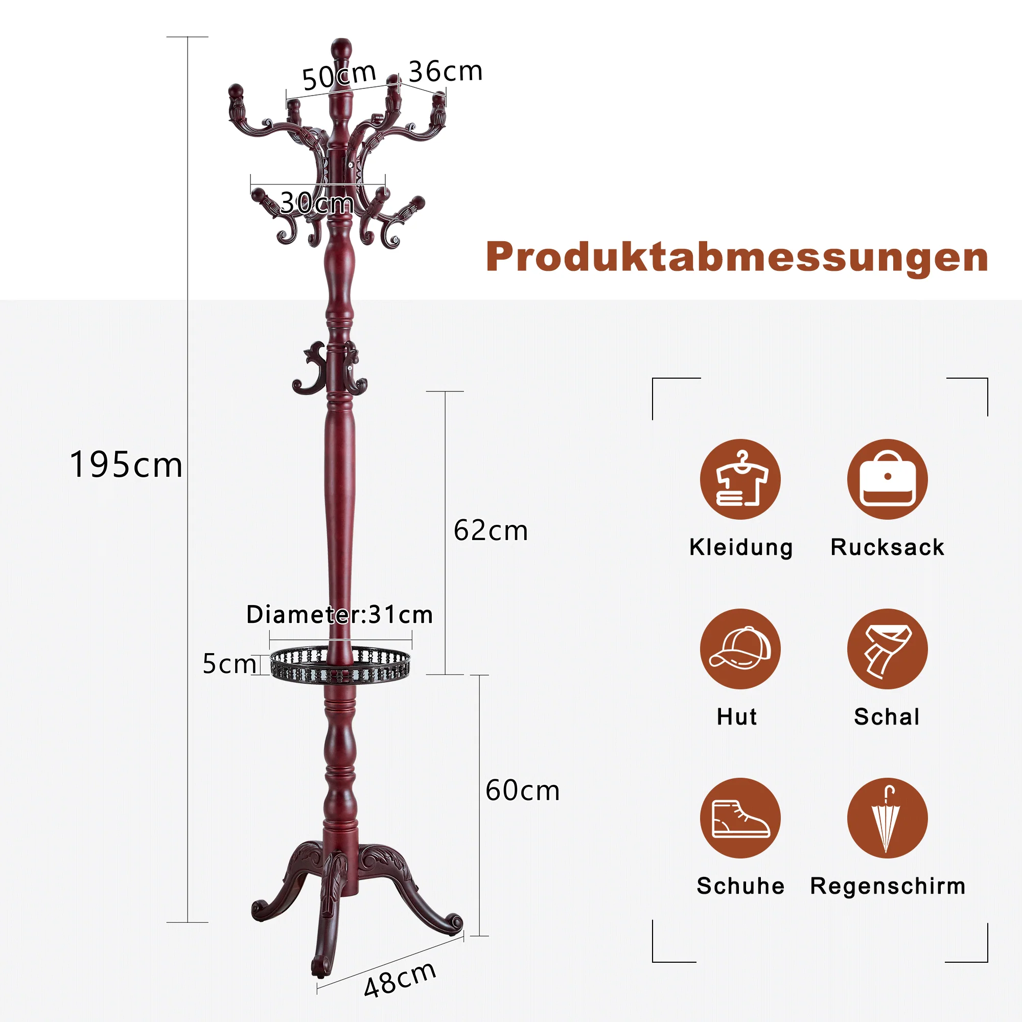 Clothes Rack Multi-Hook Freestanding - Solid Walnut Wood - Image 4