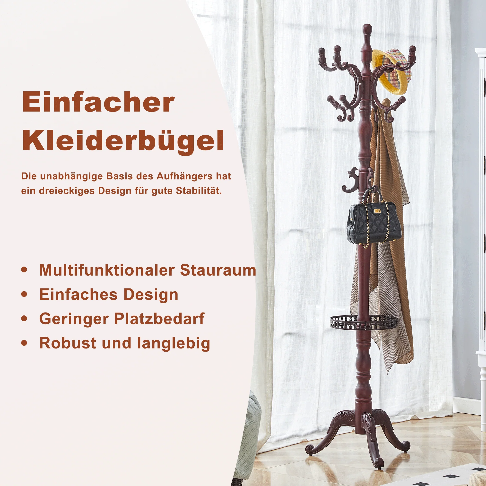 Clothes Rack Multi-Hook Freestanding - Solid Walnut Wood - Image 5