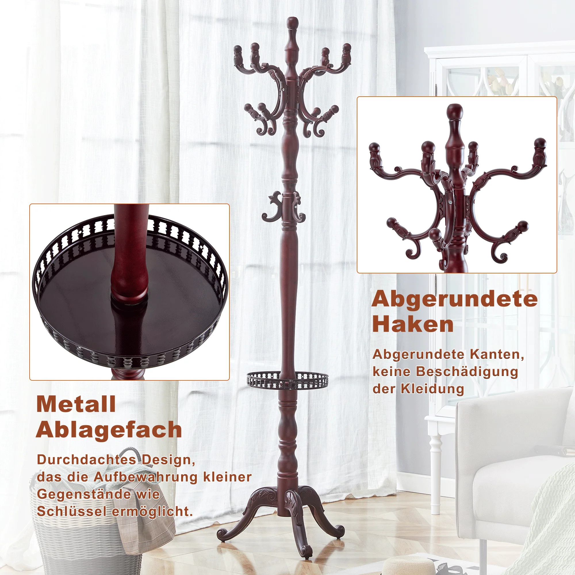 Clothes Rack Multi-Hook Freestanding - Solid Walnut Wood - Image 6