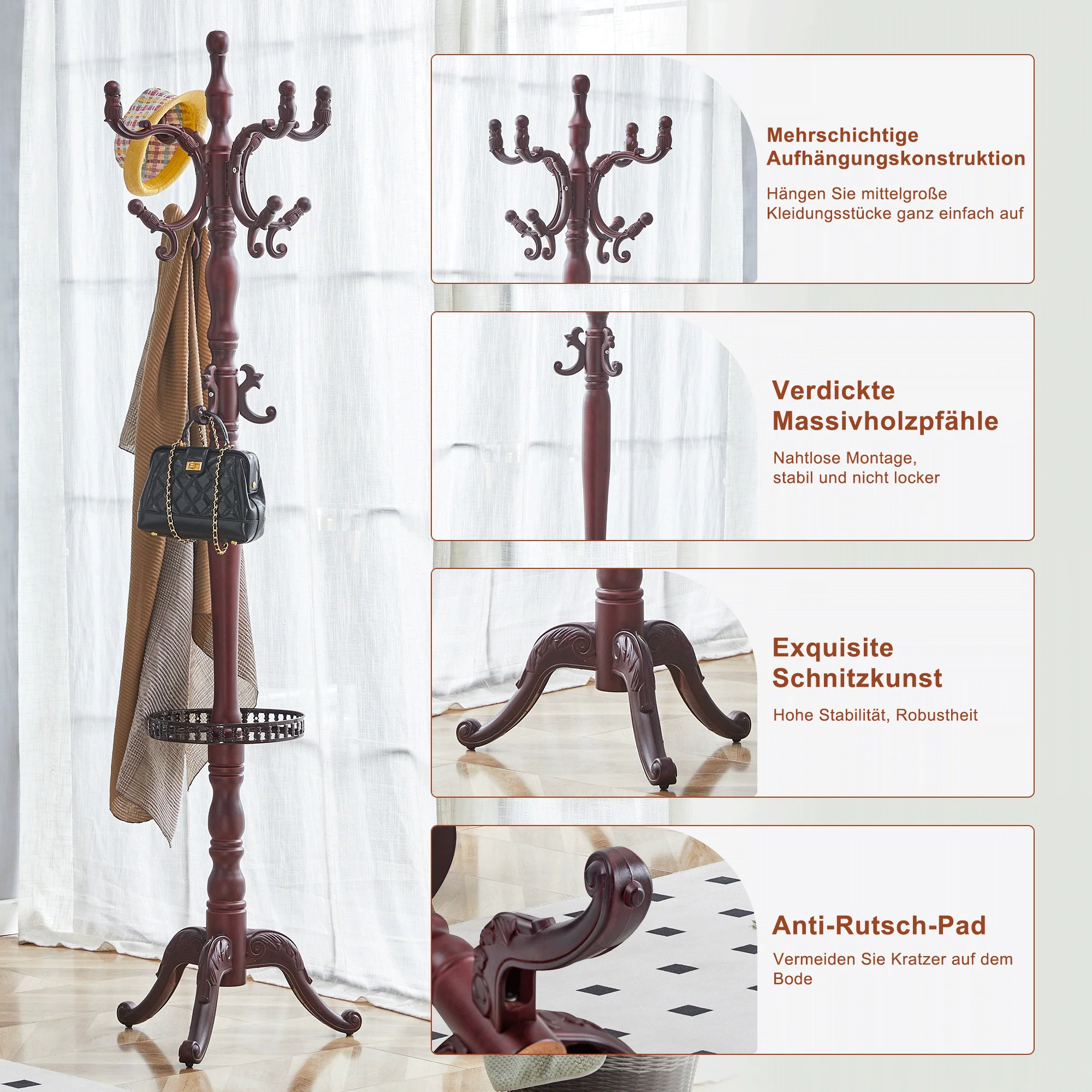 Clothes Rack Multi-Hook Freestanding - Solid Walnut Wood - Image 7