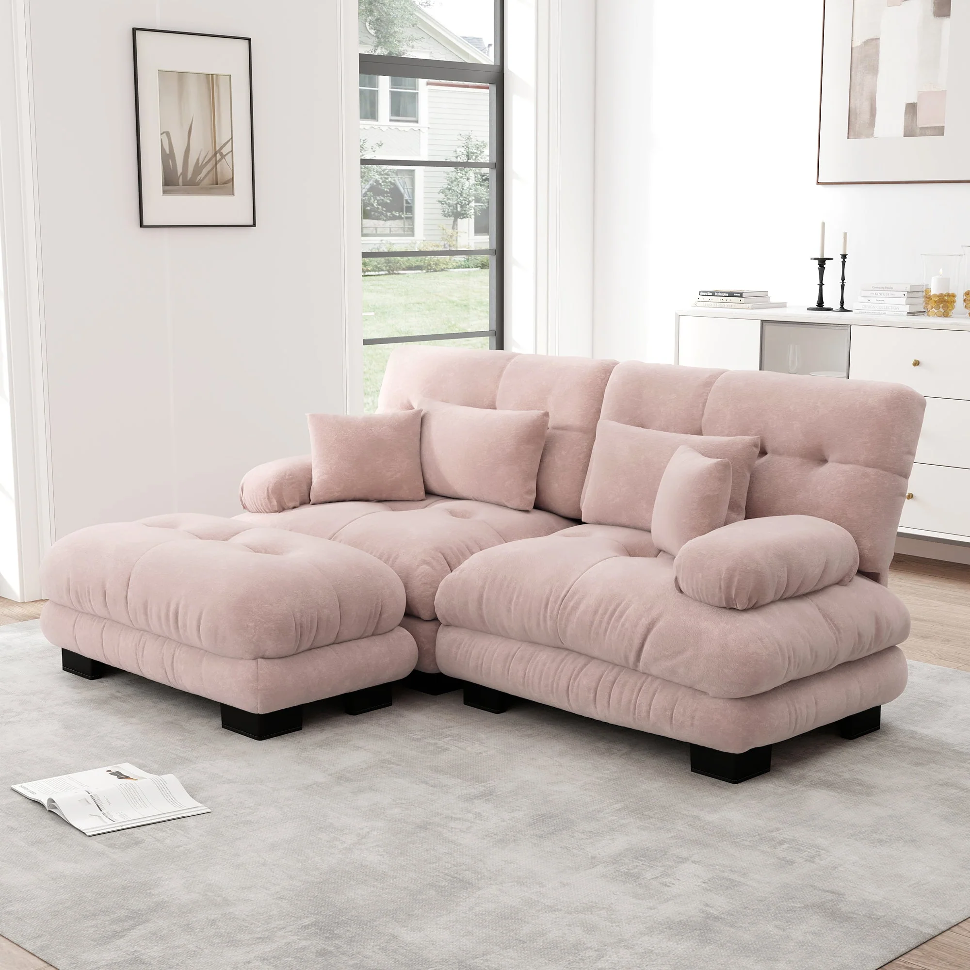 Cloud Corner Sofa, Double Sofa with Lumbar & Decorative Pillows, Ottoman, Chenille Pink - Image 3