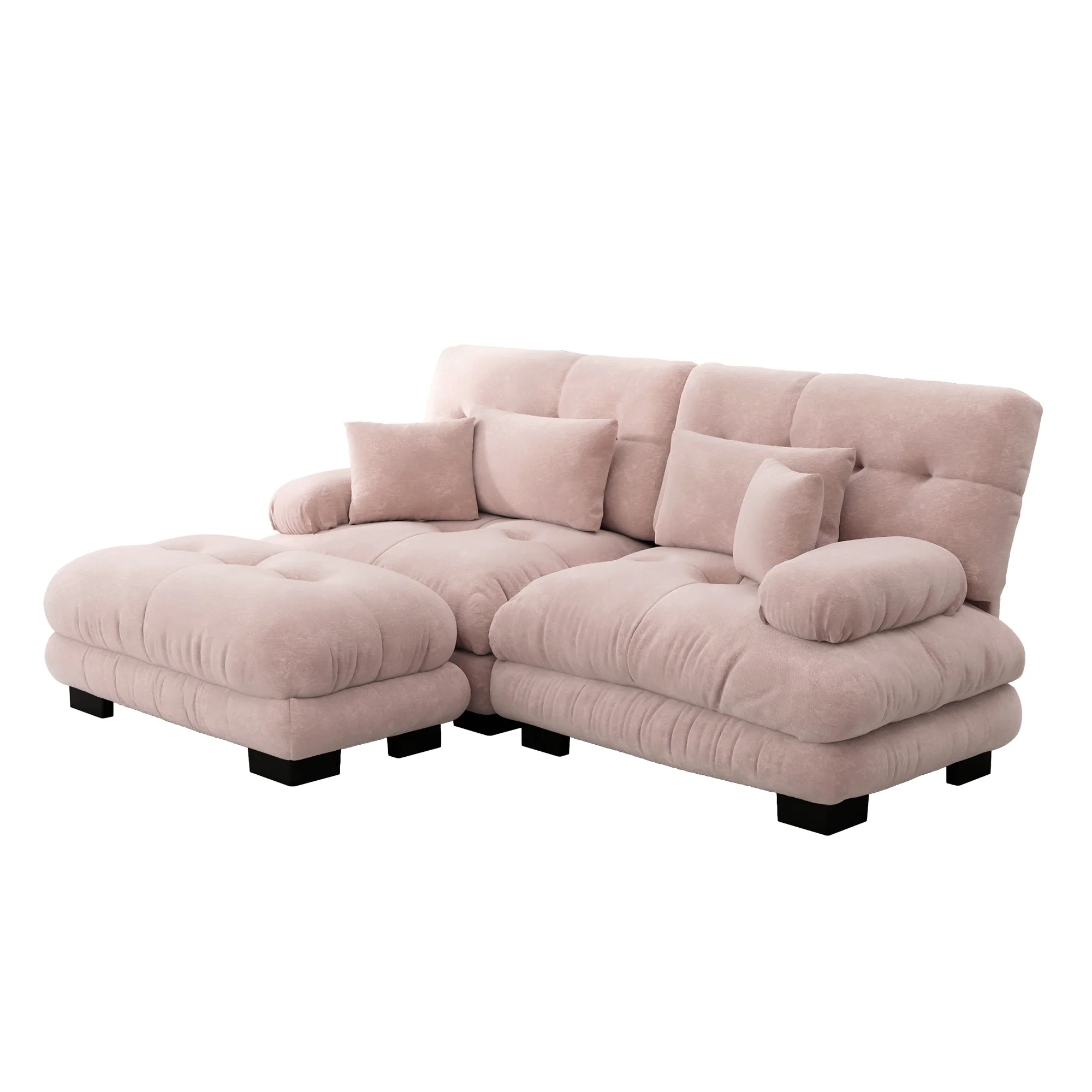 Cloud Corner Sofa, Double Sofa with Lumbar & Decorative Pillows, Ottoman, Chenille Pink - Image 6