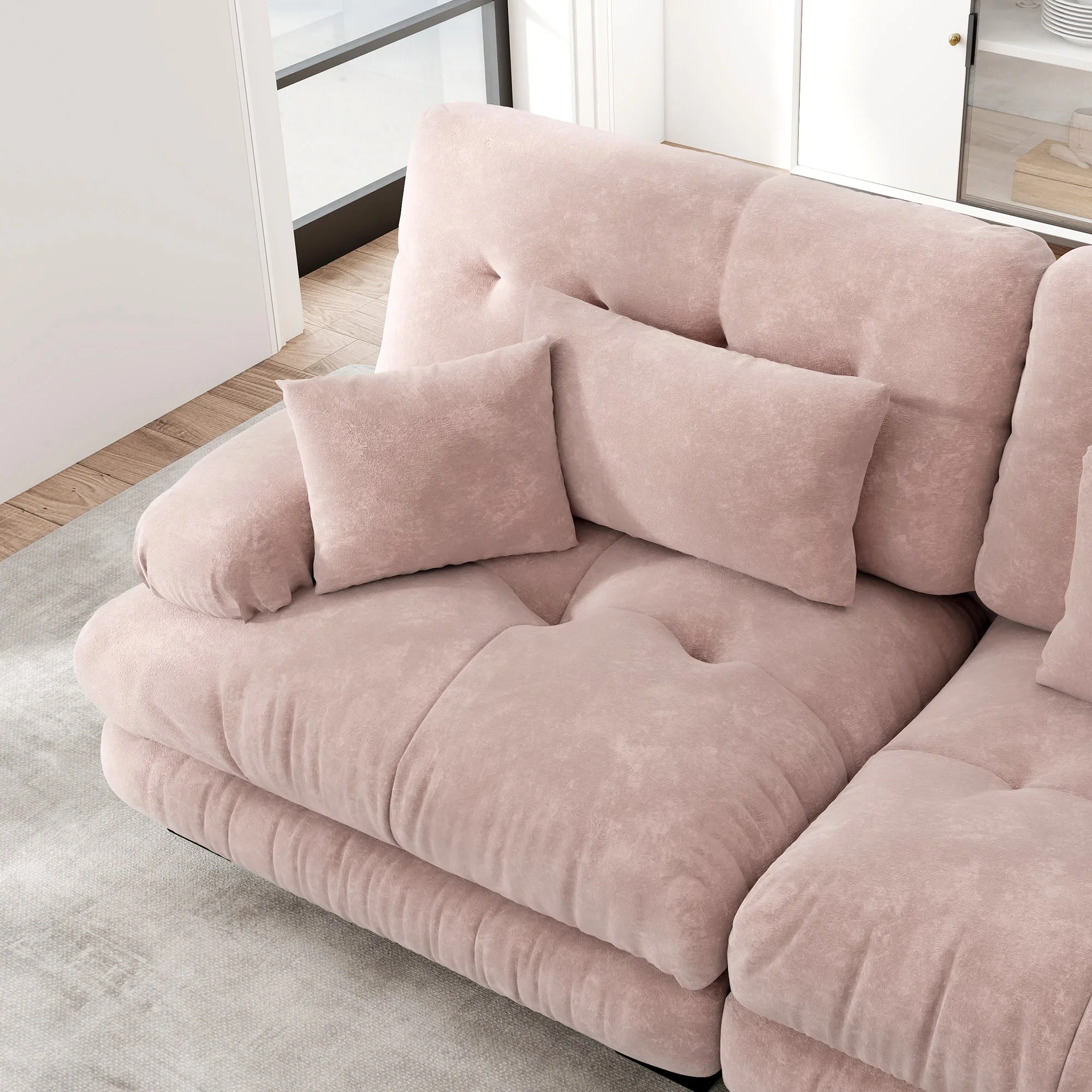 Cloud Corner Sofa, Double Sofa with Lumbar & Decorative Pillows, Ottoman, Chenille Pink - Image 9