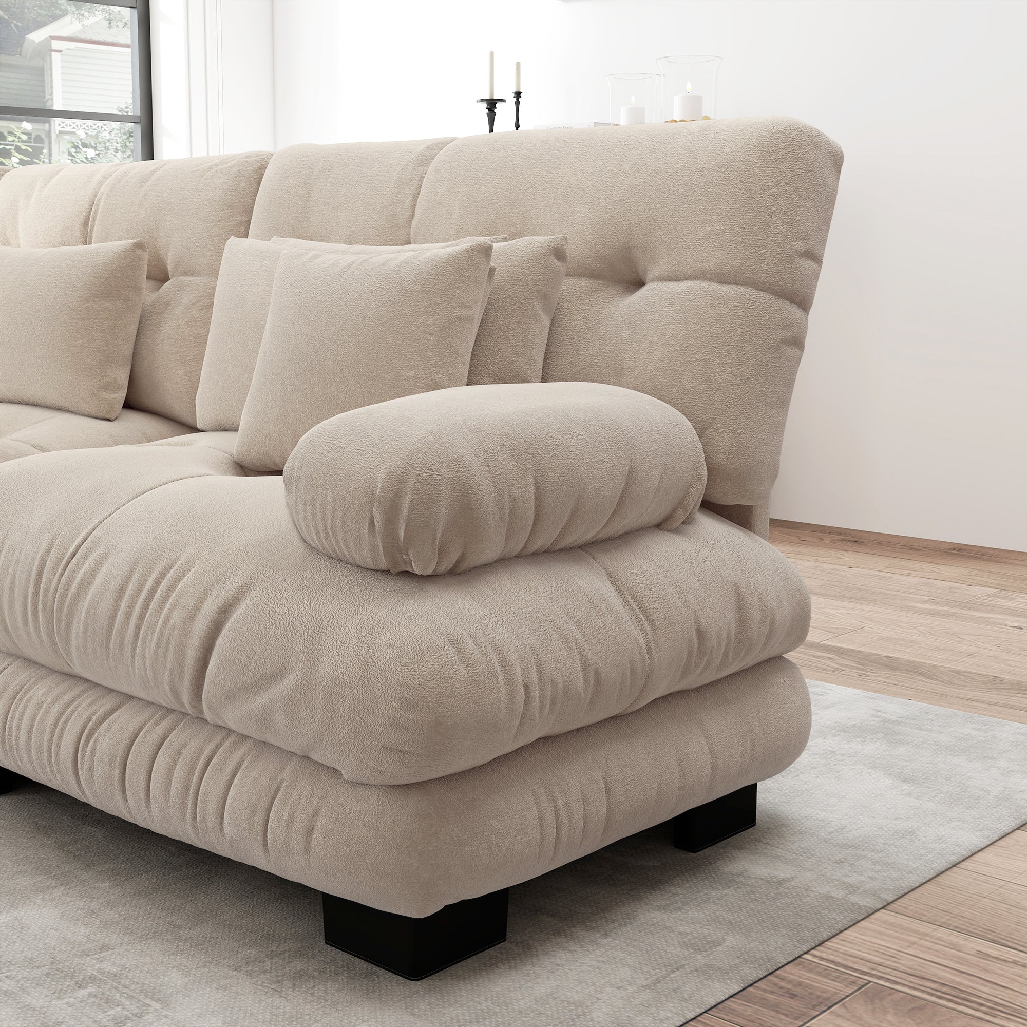 Cloud Corner Sofa, Double with Lumbar & Decorative Cushions, Chenille Light Brown - Image 10
