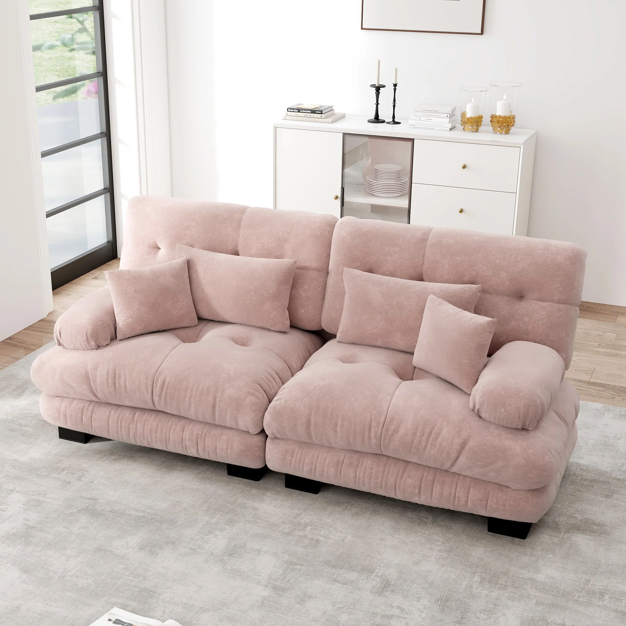 Cloud Corner Sofa, Double with Lumbar & Decorative Cushions, Chenille Pink - Image 3