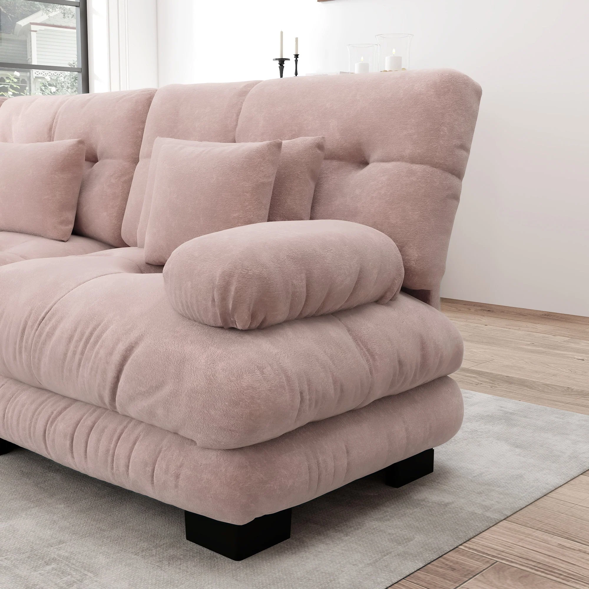 Cloud Corner Sofa, Double with Lumbar & Decorative Pillows, Ottomans, Chenille Pink - Image 10