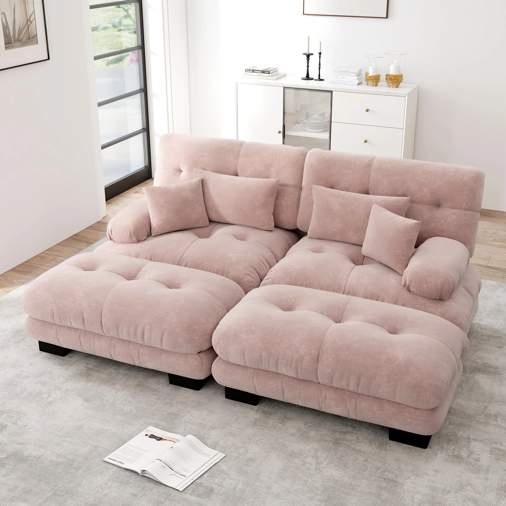 Cloud Corner Sofa, Double with Lumbar & Decorative Pillows, Ottomans, Chenille Pink - Image 3