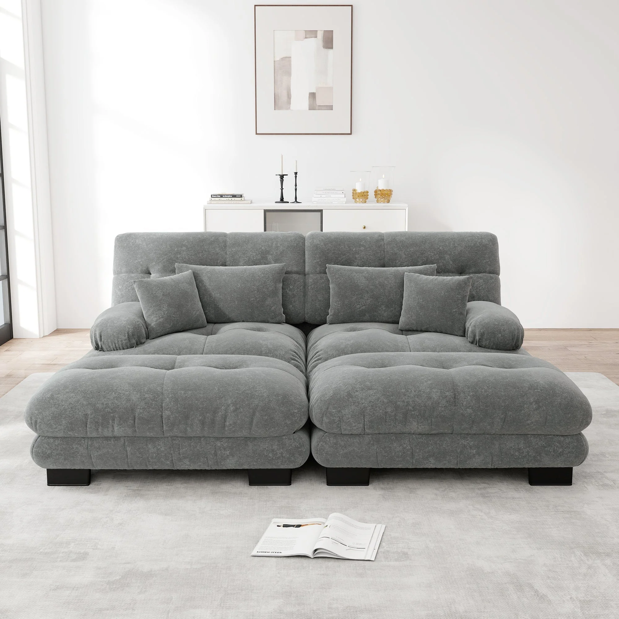 Cloud Corner Sofa, Double with Lumbar & Decorative Pillows, Wide Armrests & 2 Ottomans, Chenille Grey