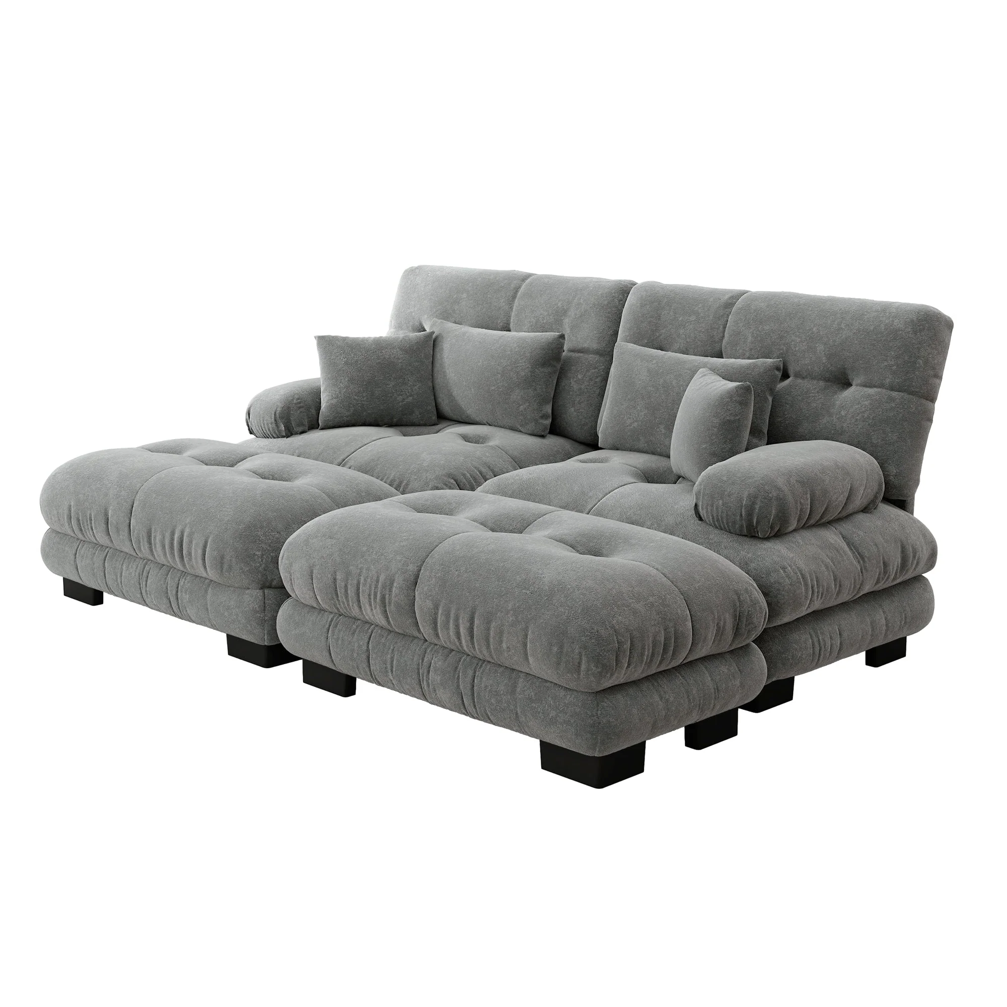 Cloud Corner Sofa, Double with Lumbar & Decorative Pillows, Wide Armrests & 2 Ottomans, Chenille Grey - Image 6
