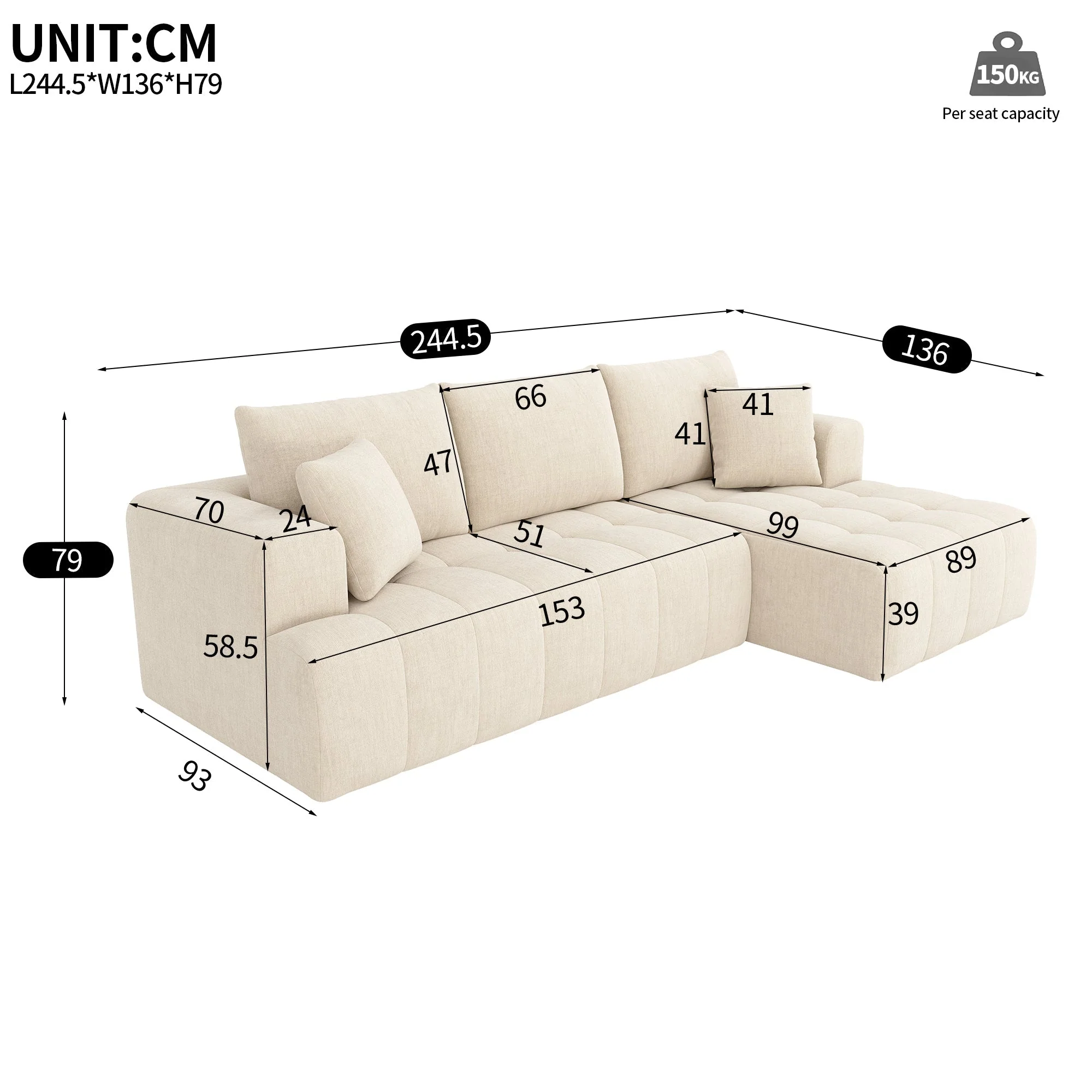 Cloud Modular L-Shaped Corner Sofa with Low-Profile Design, Beige Chenille - Image 9
