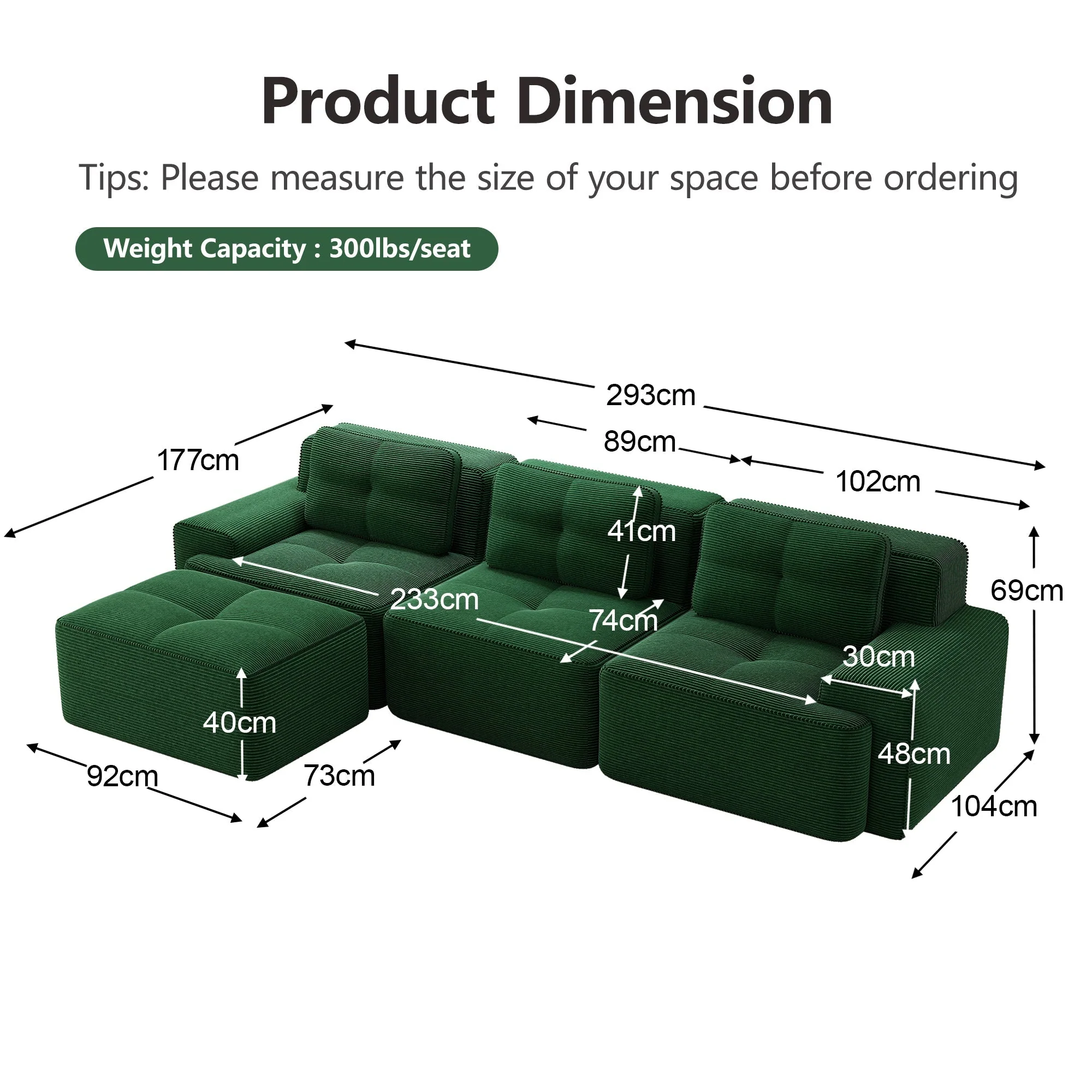 Cloud Modular Sofa L-Shape 3-Seater Ottoman - Corduroy Green - Image 7