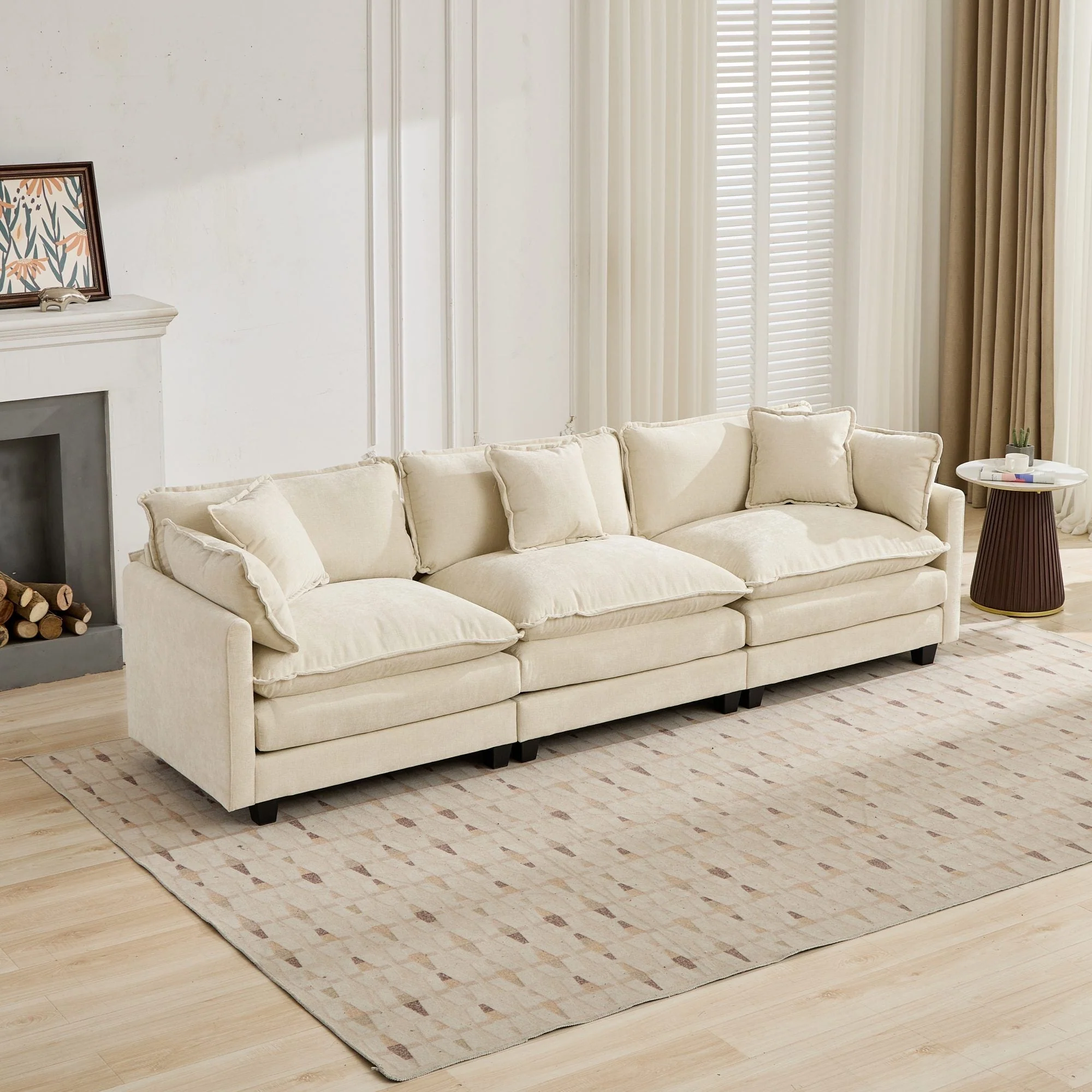 Cloud Sofa, 3 Seater Modern Sectional with Upholstered Seat Cushion, Beige Chenille Fabric - Image 4