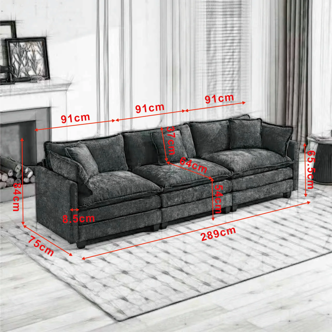 Cloud Sofa, 3 Seater Modern Sectional with Upholstered Seat Cushion, Beige Chenille Fabric - Image 5