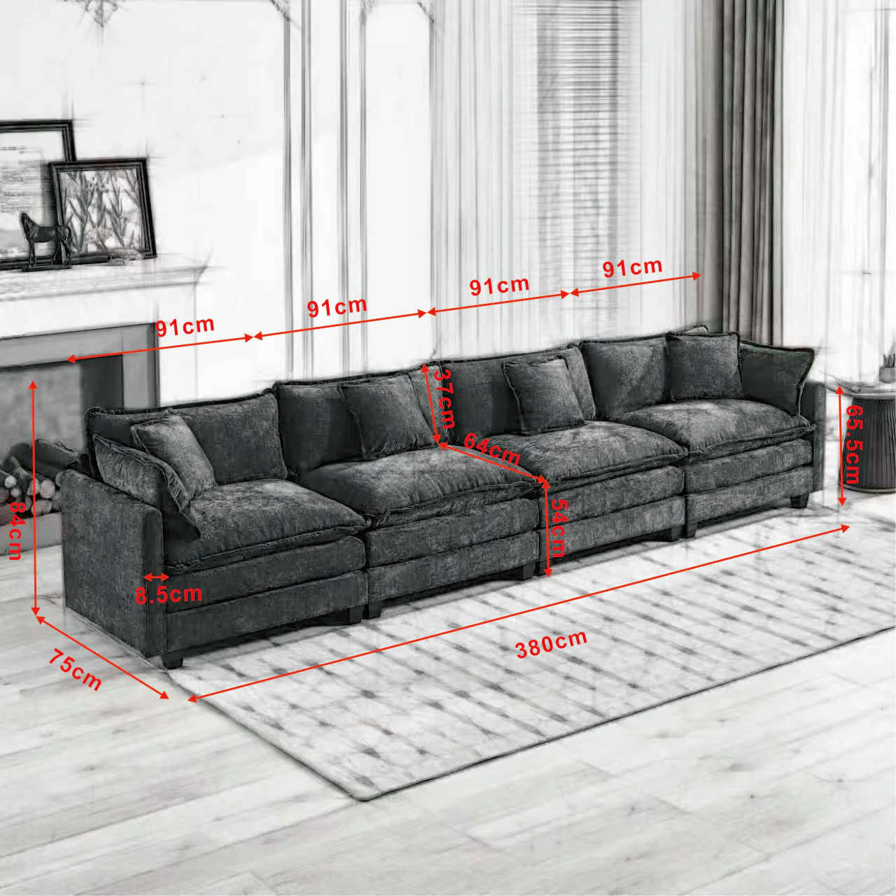 Cloud Sofa 4 Seats, Modern Sectional Couch with Double Layer Cushion, Beige Chenille Fabric - Image 5