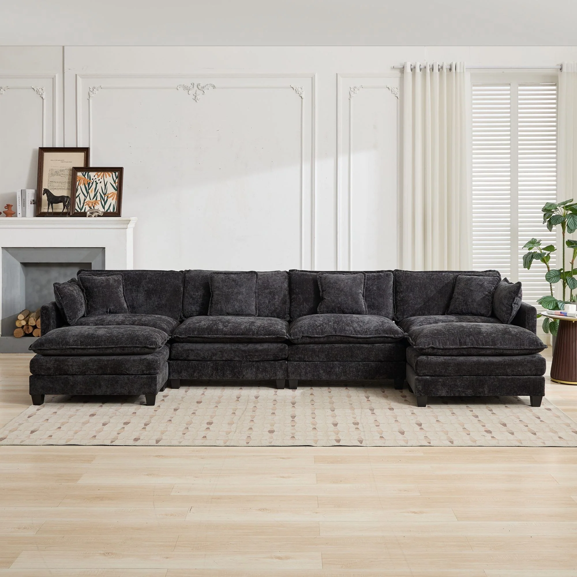 Cloud Sofa 4 Seats, Modern Sectional Couch with Double Layer Cushions, Black Chenille Fabric - Image 10