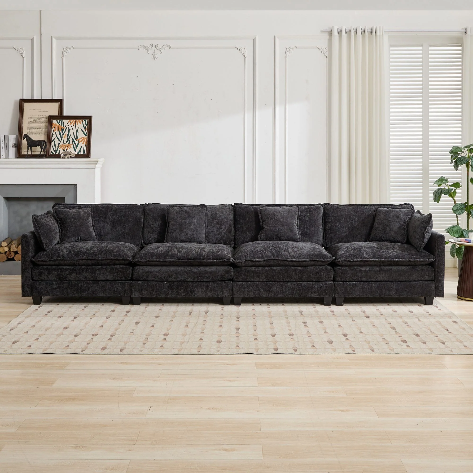 Cloud Sofa 4 Seats, Modern Sectional Couch with Double Layer Cushions, Black Chenille Fabric - Image 2