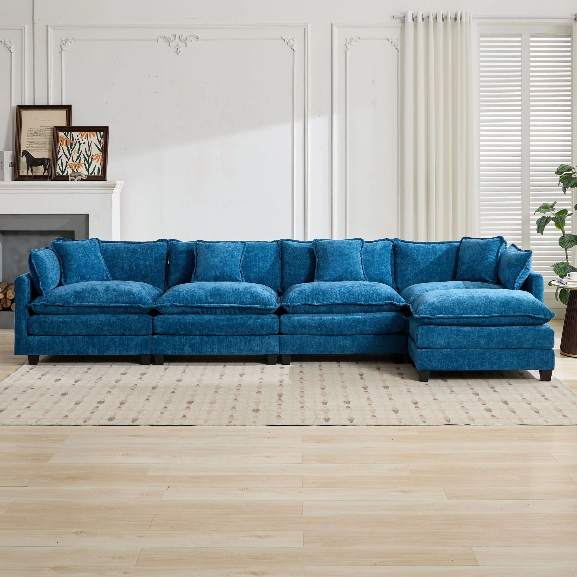 Cloud Sofa 4 Seats Sectional Couch with Double Layer Upholstered Cushion, Blue Chenille Fabric - Image 6